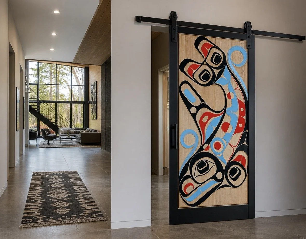 Hand carved red cedar barn style sliding door with an orca design. 