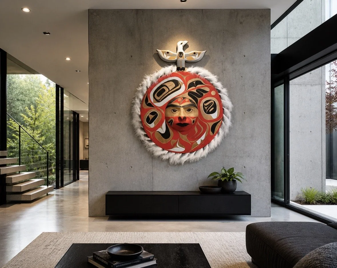Red cedar moon, feathers and paint. Customized to fit this particular space. 