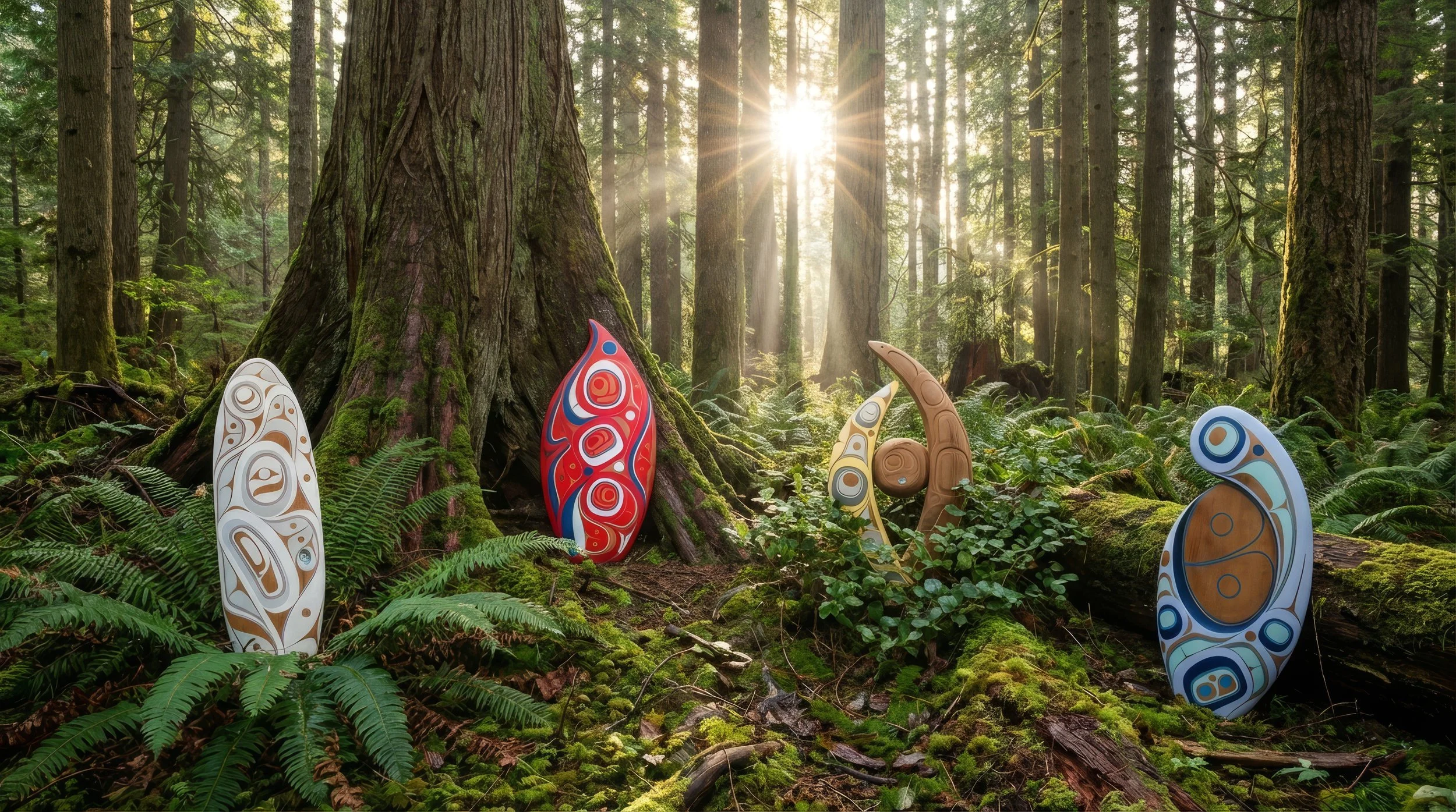 Hand carved and painted seed pod sculptures