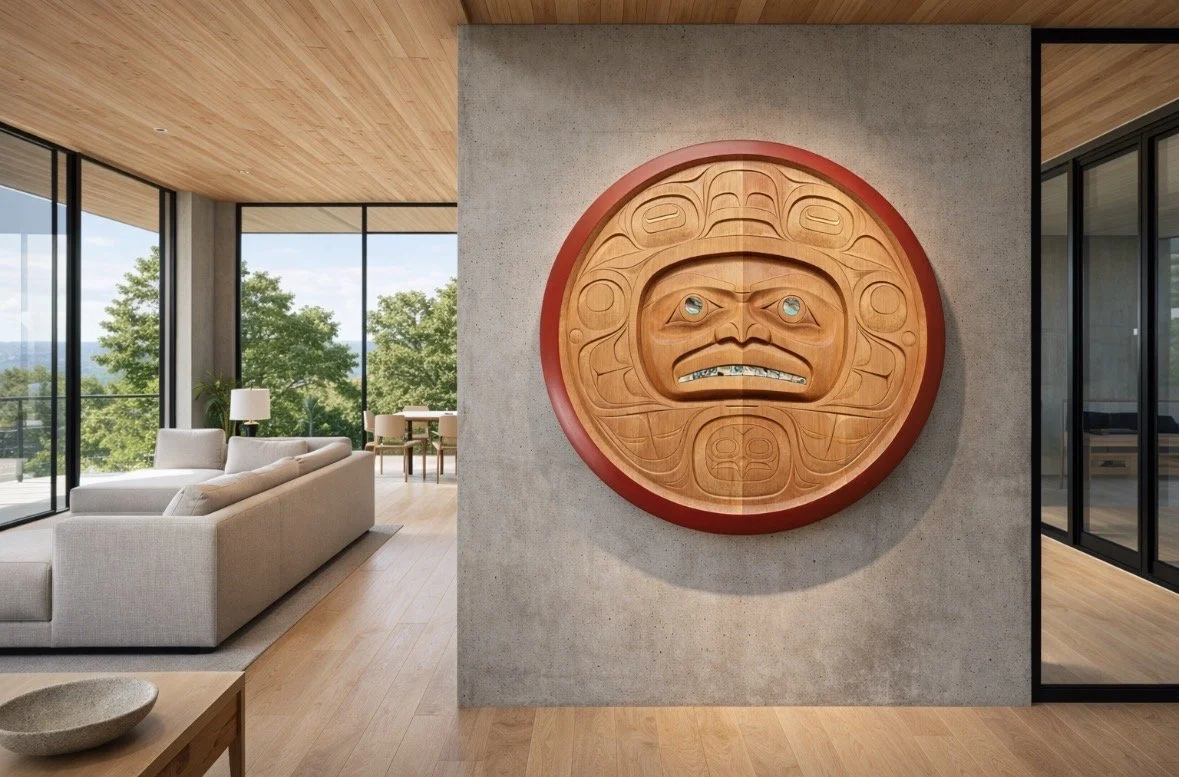 Small hand carved panels are a brilliant feature to any home. This one that 36’’ diamter with abalone inlay adds an elegant touch to this west coast modern space. 
