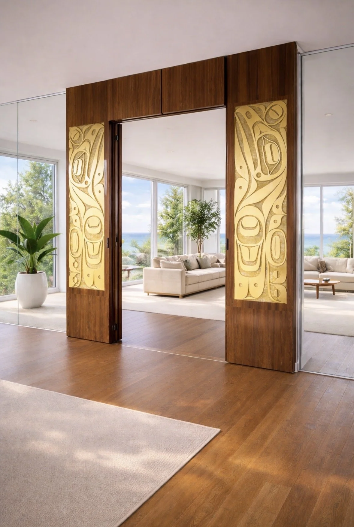 Hand crafted to perfection, these custom gold leafed doors are an amazing feature to the home.