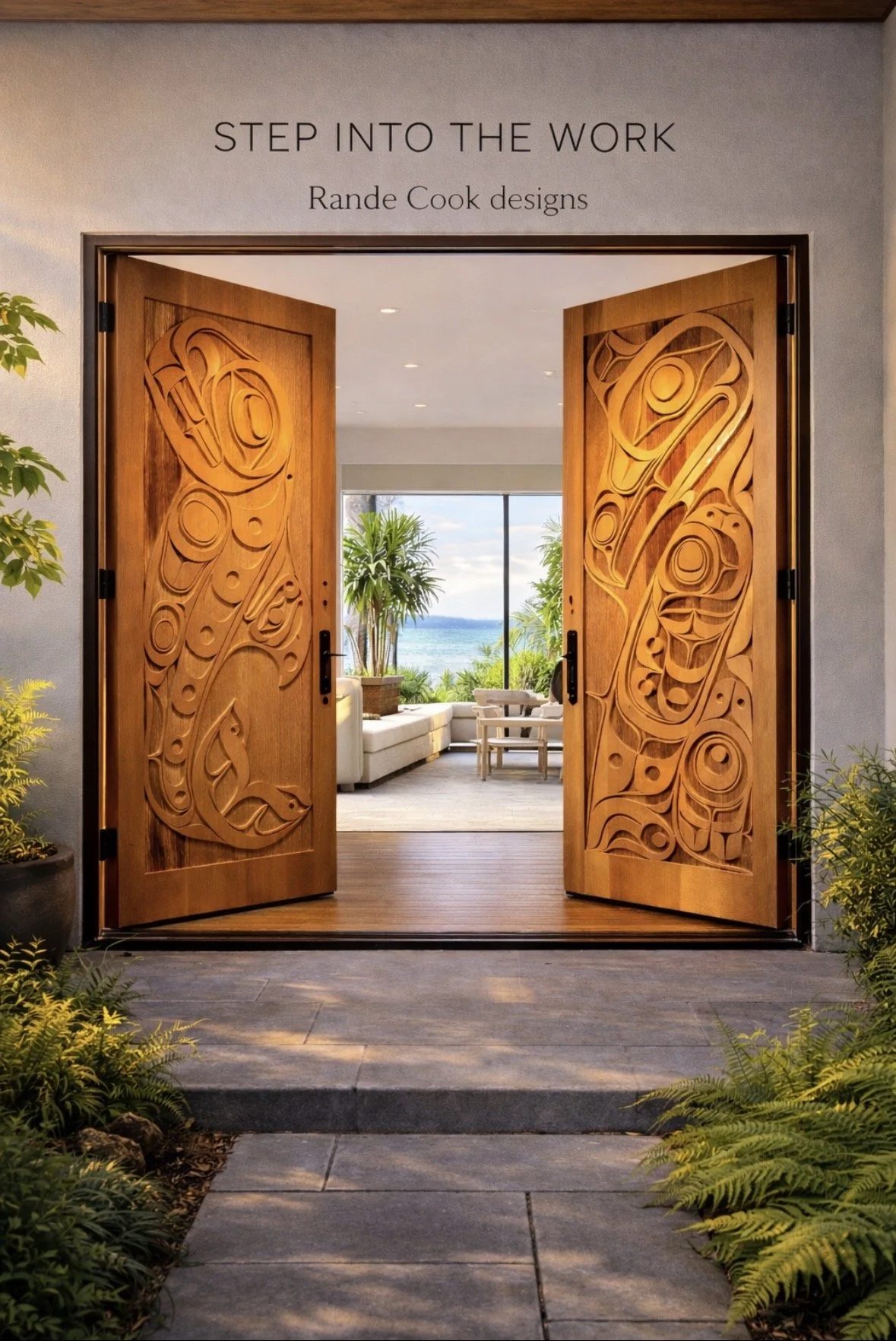 Custom sand carved red cedar exterior door, the perfect welcome to any home.
