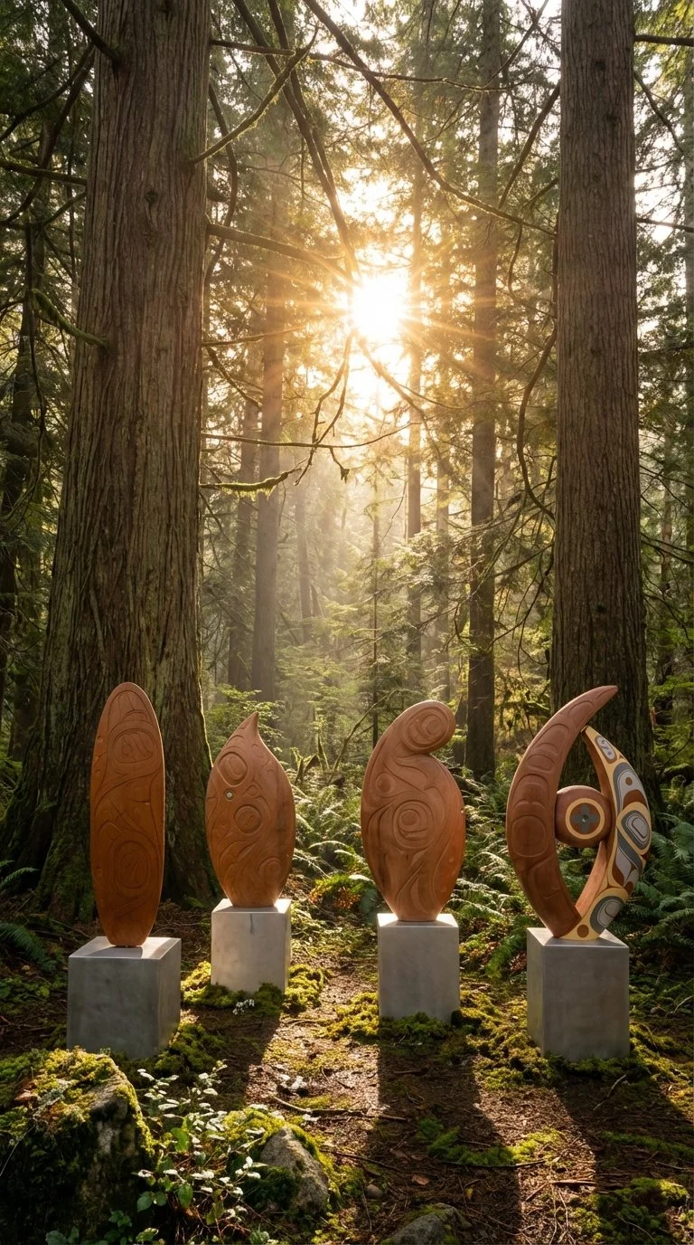 The reverse natural side of the sculptures staged in an old growth forest.