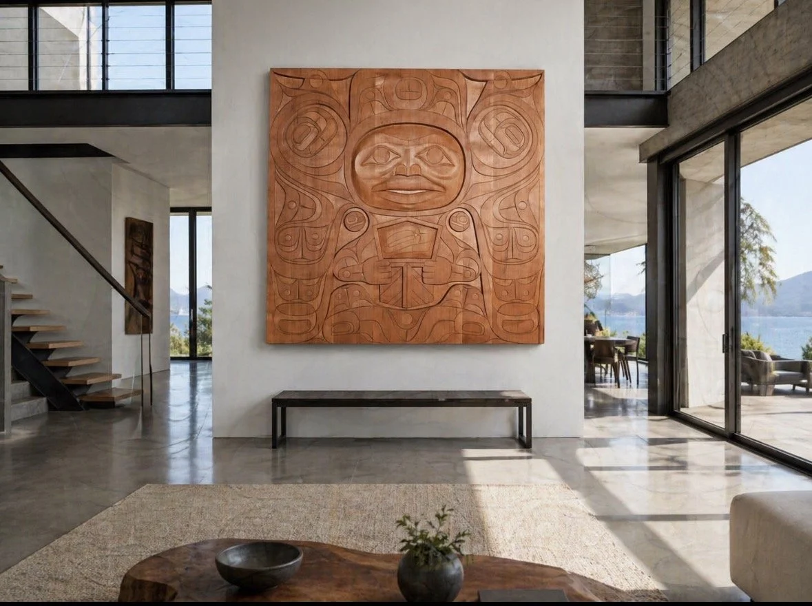The wealth bringer, is a red cedar hand carved panel, 6’x6’x2’. 
