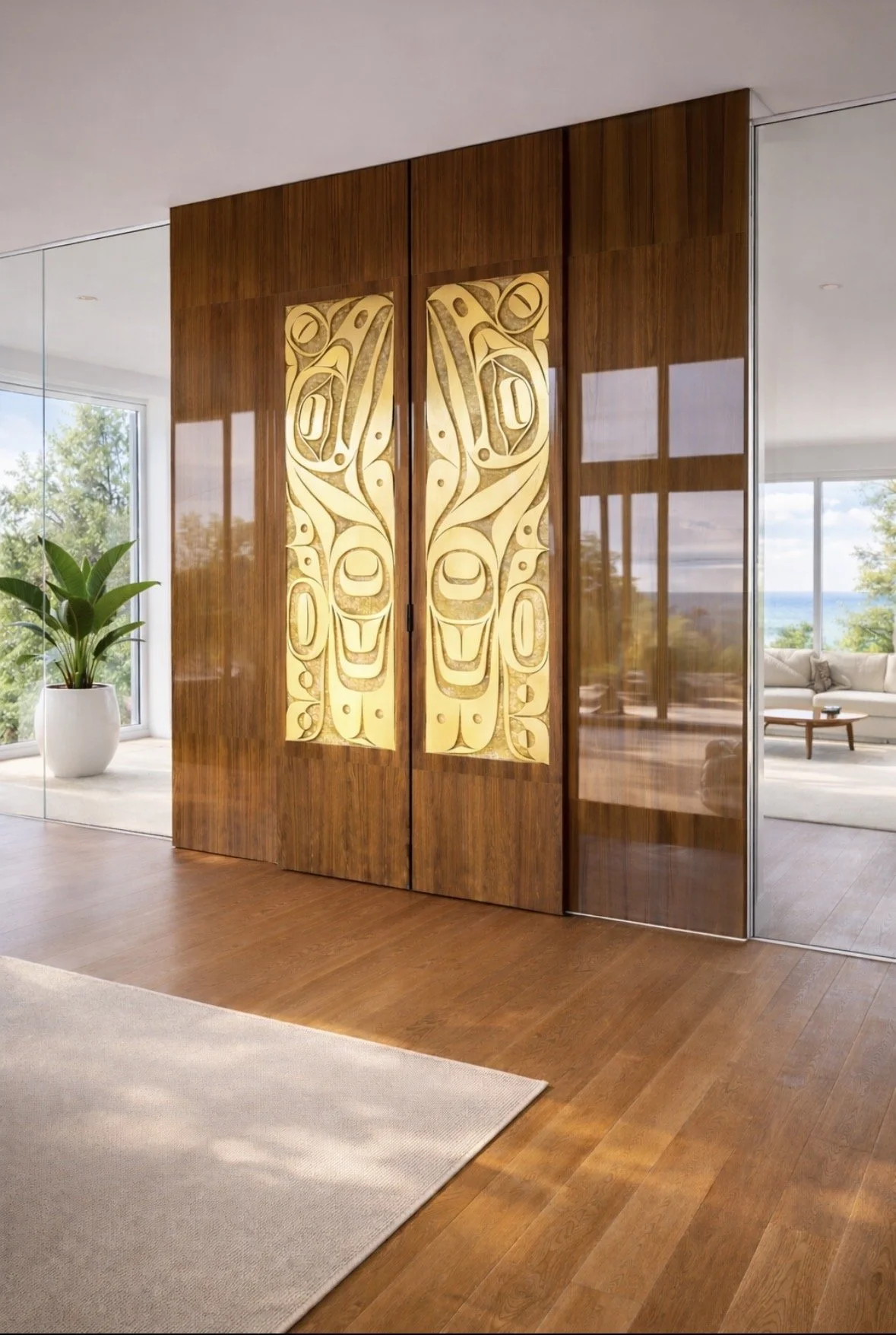 Customized sand carved, gold leafed finished by hand, elegant French style sliding doors.