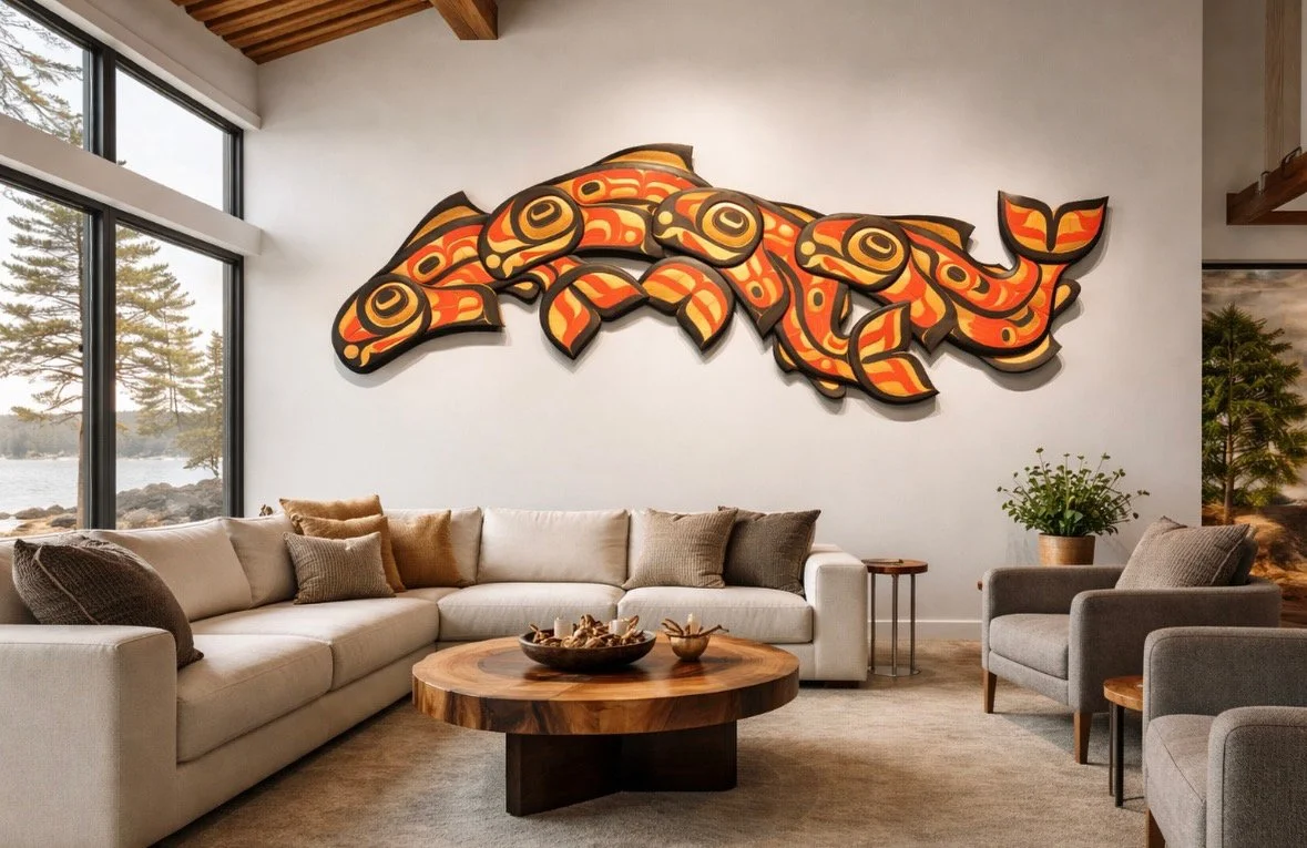 Customized to fit this space this commission was specific to the clients interests as they wanted salmon swimming in the direction of the ocean front. 15’x6’x2’’, red cedar, paint.