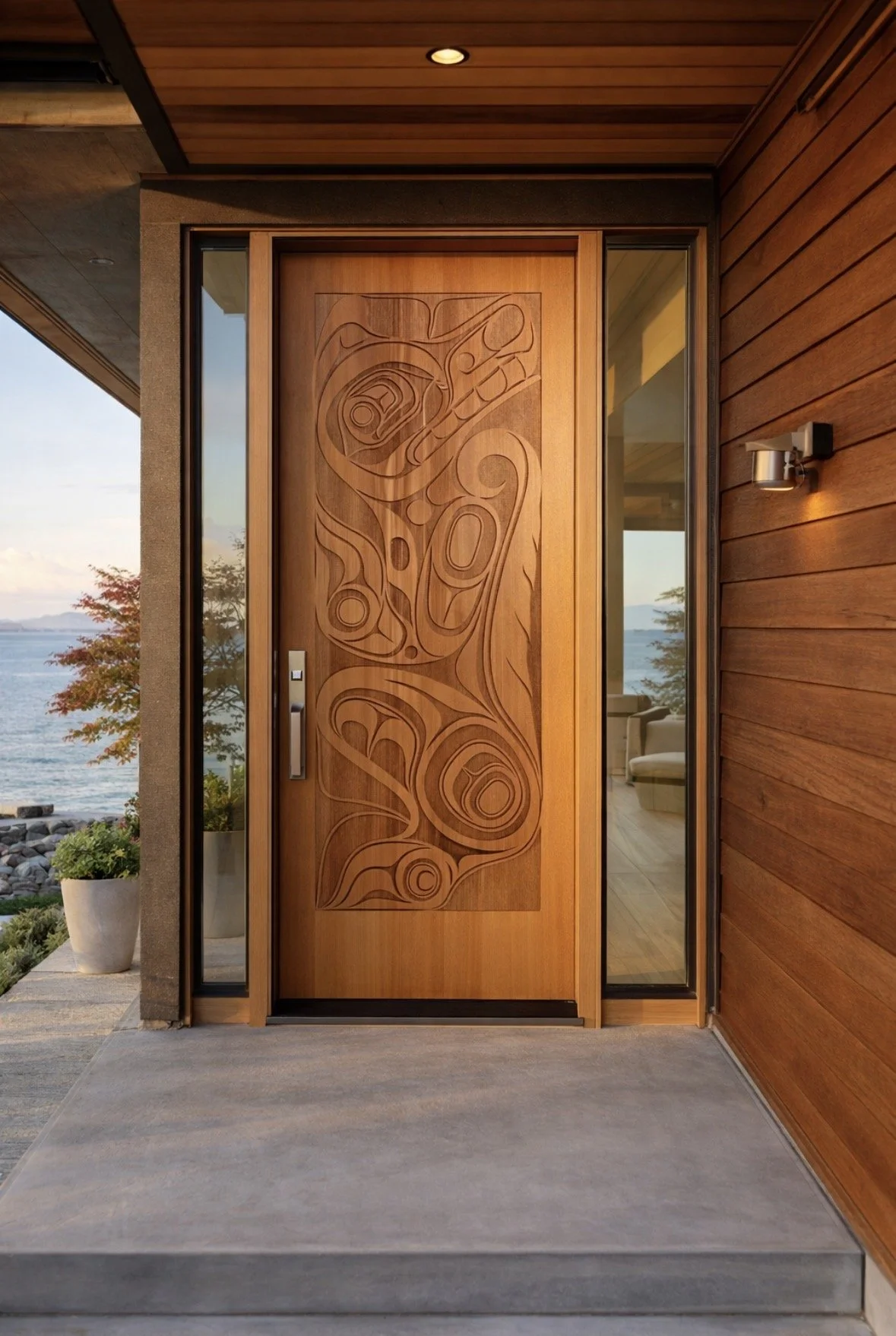 Sand carved custom exterior door, red cedar, wolf design. 