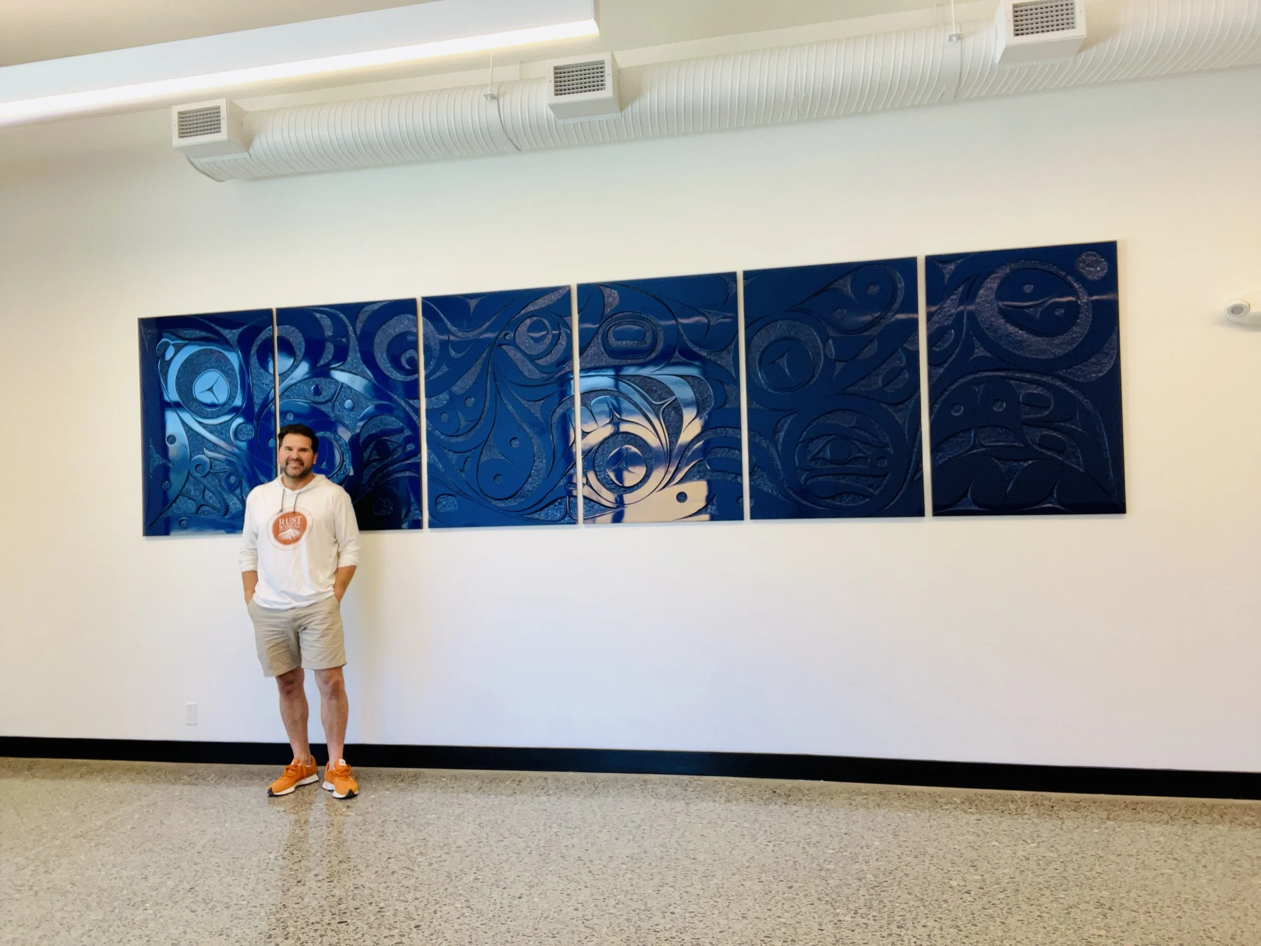 Ocean, a series of panels in high polish automotive paint, commission for Power to Give, Victoria BC