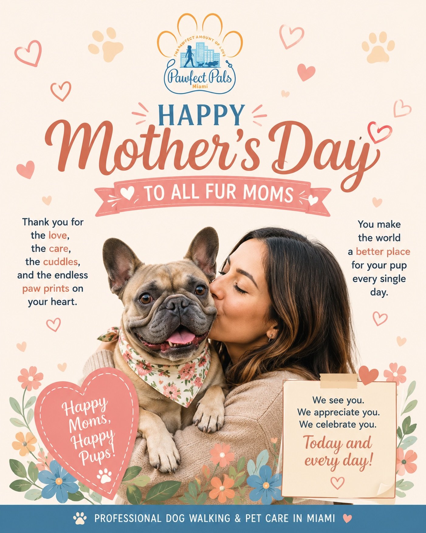 Today, we celebrate the women who love like a mom with extra paw prints on their hearts ✨

From all of us at Pawfect Pals Miami, Happy Mother&rsquo;s Day to every dog mom, cat mom, and pet mama out there 🐶🐱🌸

#HappyMothersDay #FurMoms #DogMom #Pet