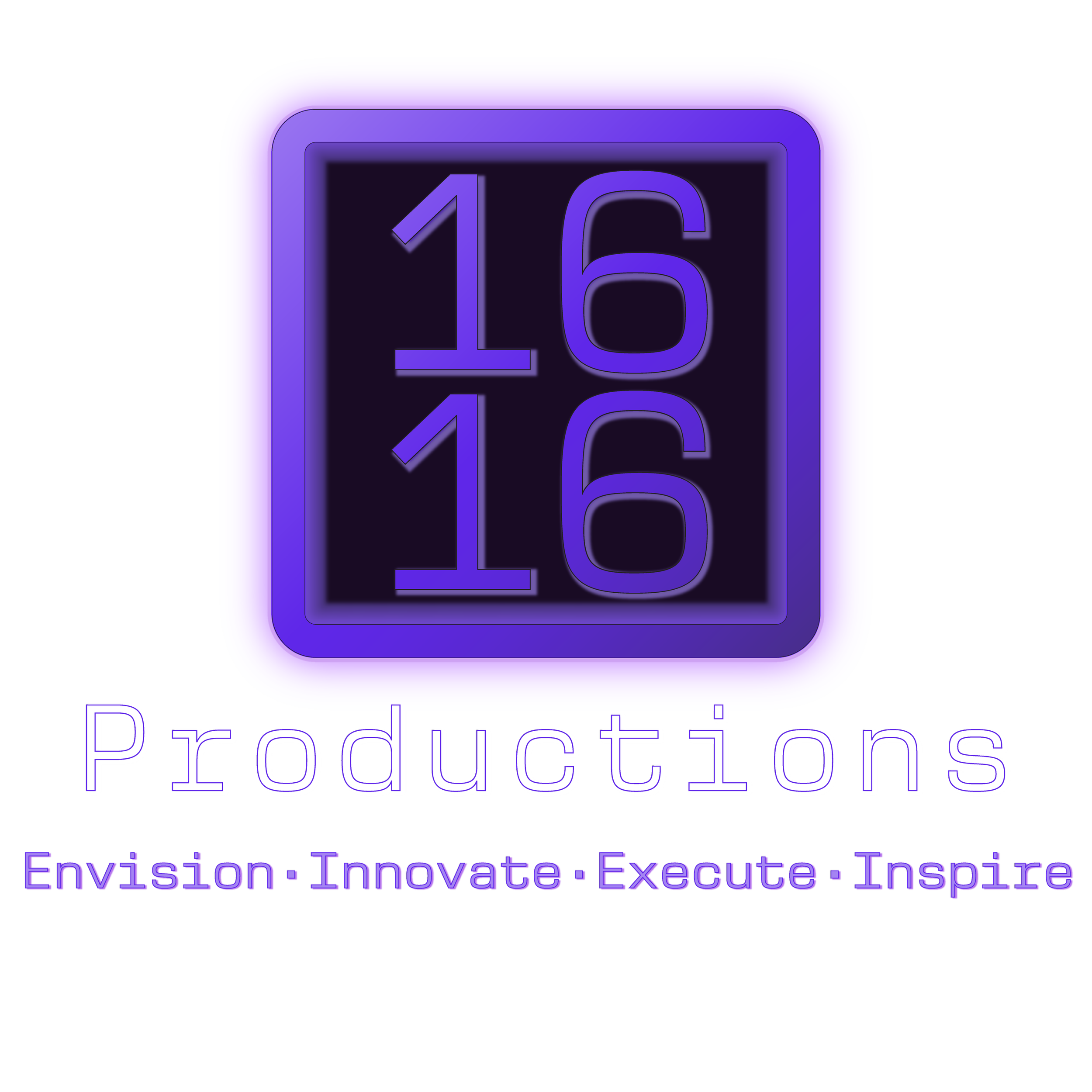 Neon-style logo with the number 16 in a digital font, surrounded by a purple glowing outline. Below the logo, the word 'Productions' is written, with the phrase 'Envision. Innovate. Execute. Inspire.' underneath.