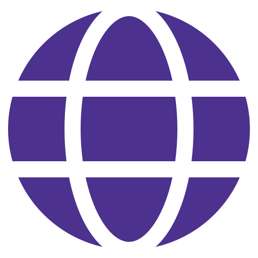A stylized globe logo in purple and black with a spherical shape and curved lines.