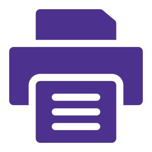 Icon of a purple printer with a paper sheet coming out.