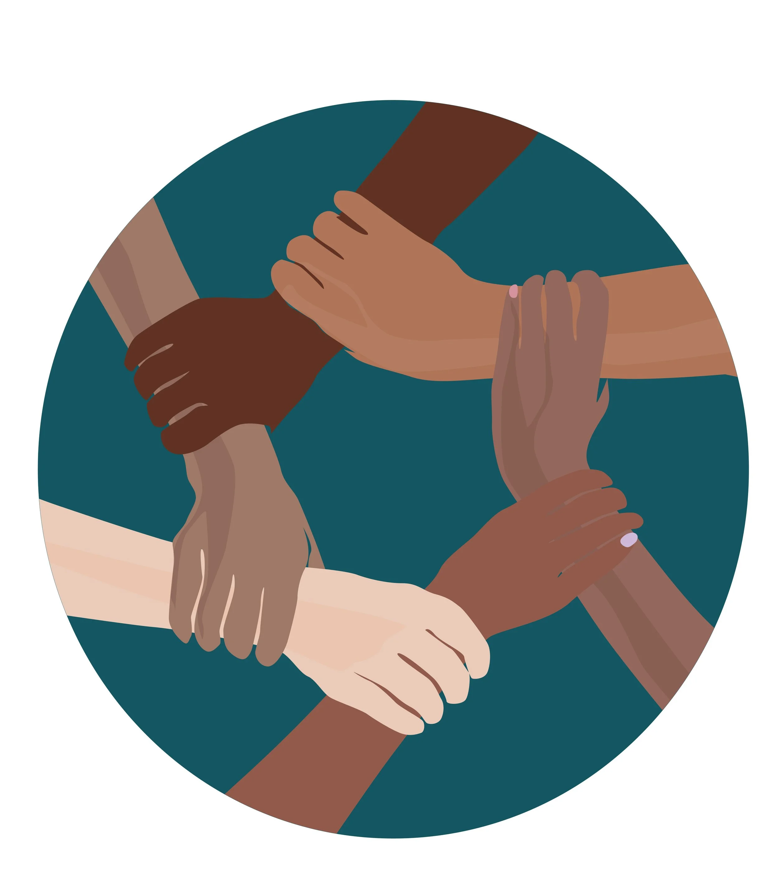 Illustration de mains de différentes couleurs s'entrelassant dans un cercle, symbolisant la diversité et l'unité.