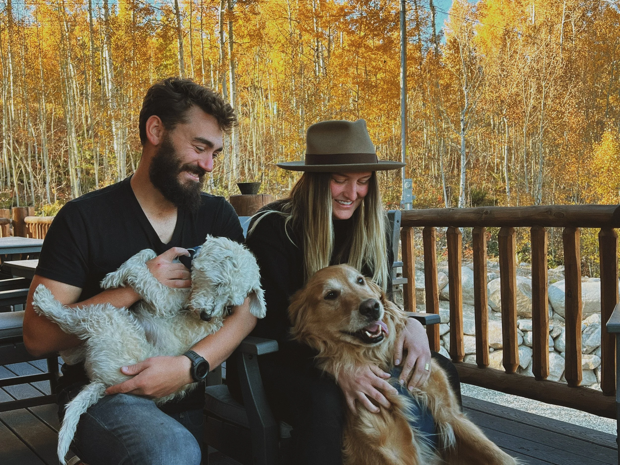 Man holds white dog while a woman in a hat pets a golden retriever.