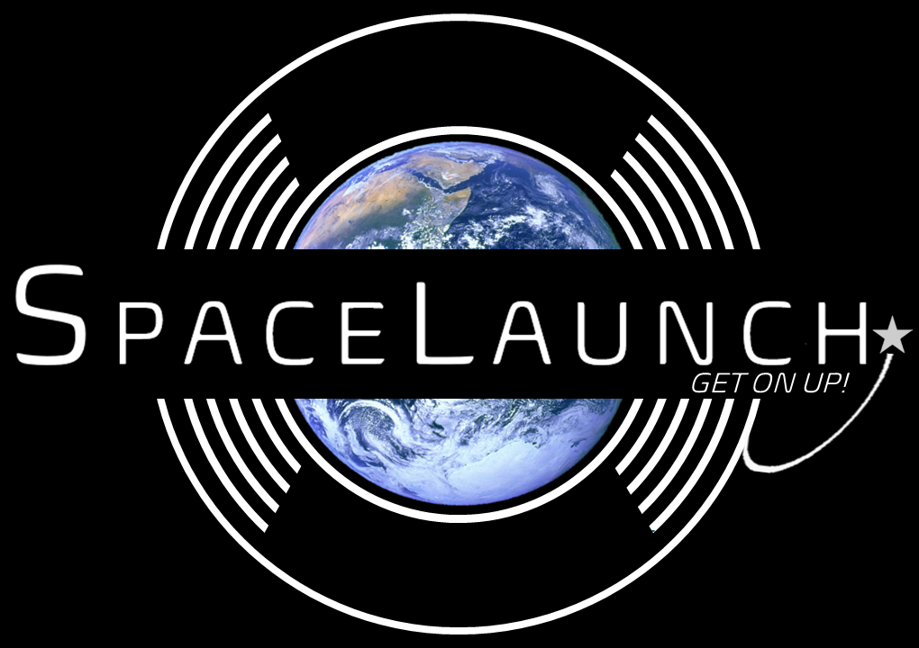 Logo for Space Launch featuring Earth in the background, with concentric white circles, the words "SPACE LAUNCH" in the center, and the slogan "GET ON UP!" with an arrow pointing to a star.