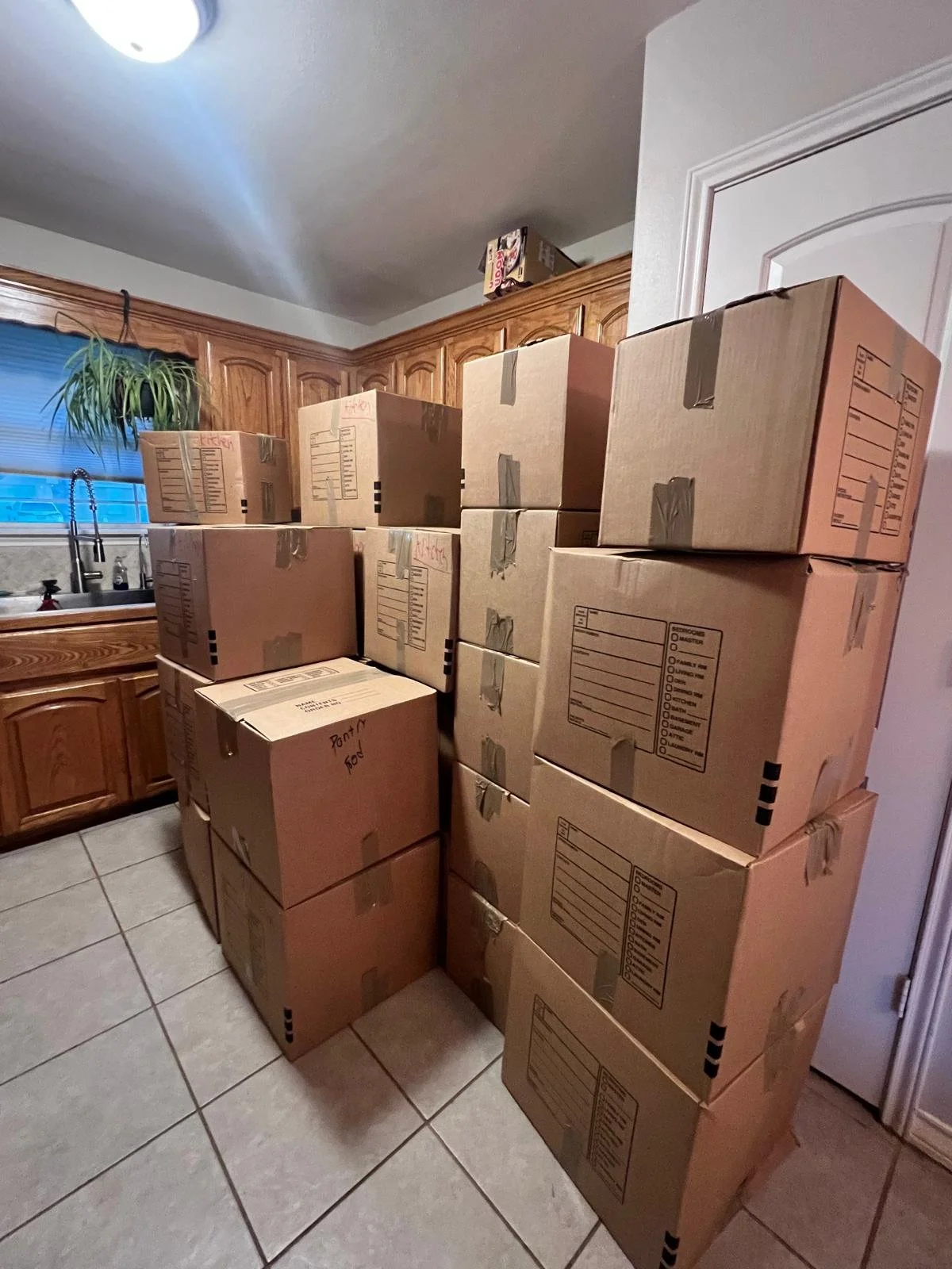 Kitchen with wooden cabinets, a window with blinds, a plant hanging, and cardboard boxes stacked in the corner.