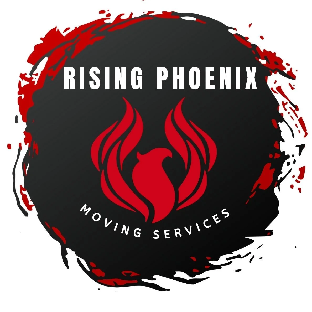 Logo for Rising Phoenix Moving Services featuring a stylized red phoenix within a black, paint-splattered circle, with the company name at the top and slogan at the bottom in white text.
