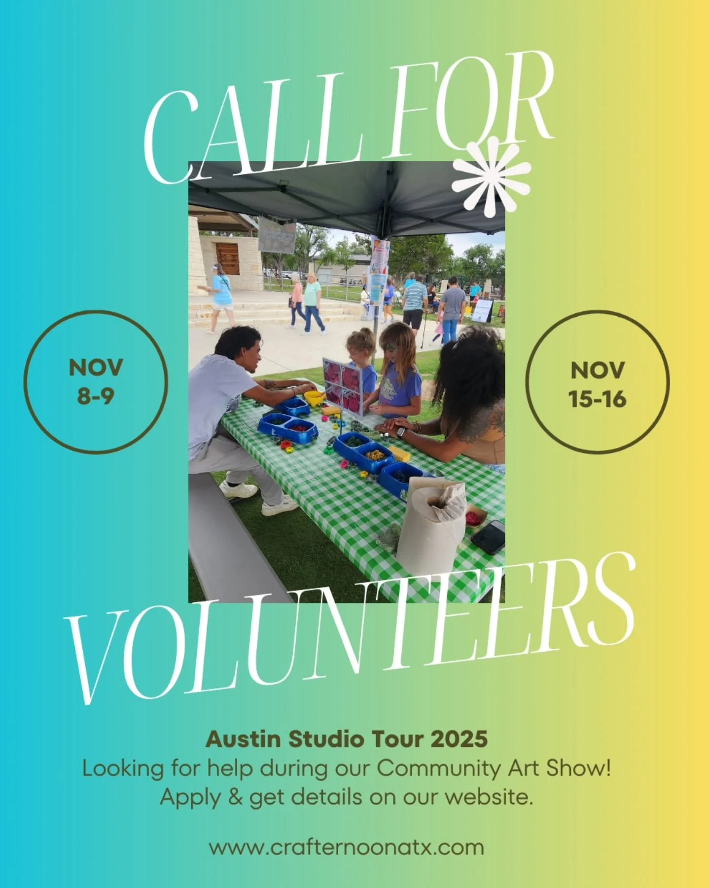Austin Studio Tour 2025

📢 Call for volunteers! 

We are looking for volunteers to help us during our Community Art Show! 

🗓 Nov 8-9 &amp; 15-16
🕕 12pm-6pm daily 
📍1603 E 38th 1/2 St. 

Join us for our first group showcase featuring youth and ad