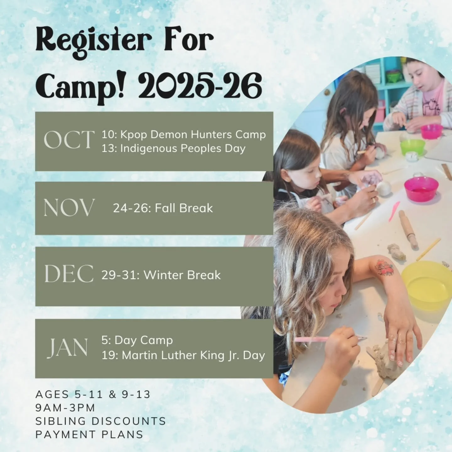 Register now for our upcoming camps this fall and winter! 

Space is limited! 
Visit website for full details. 

#atx #austin #austintx #austincamp #artsandcrafts #artcamp #austinartcamp #kidscamp #austintexas #austinlocal #studio #artstudio #kidswor