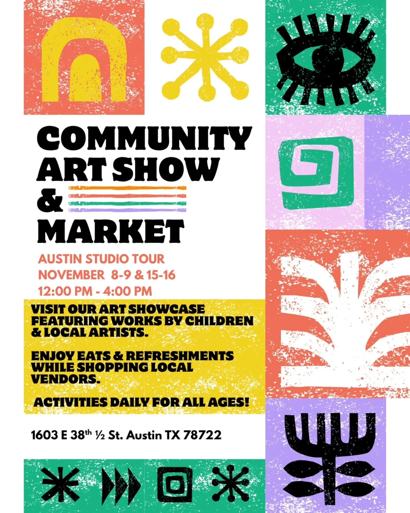 Mark your calendars! ❤️🧡💛💚🩵💙💜

We are hosting our first annual Community Art Show &amp; Market for this year's Austin Studio Tours!

Join us for a unique art experience!

🗓 November 8-9 &amp; 15-16
🕛 12pm-4pm daily
📍Crafternoon ATX 1603 E 38