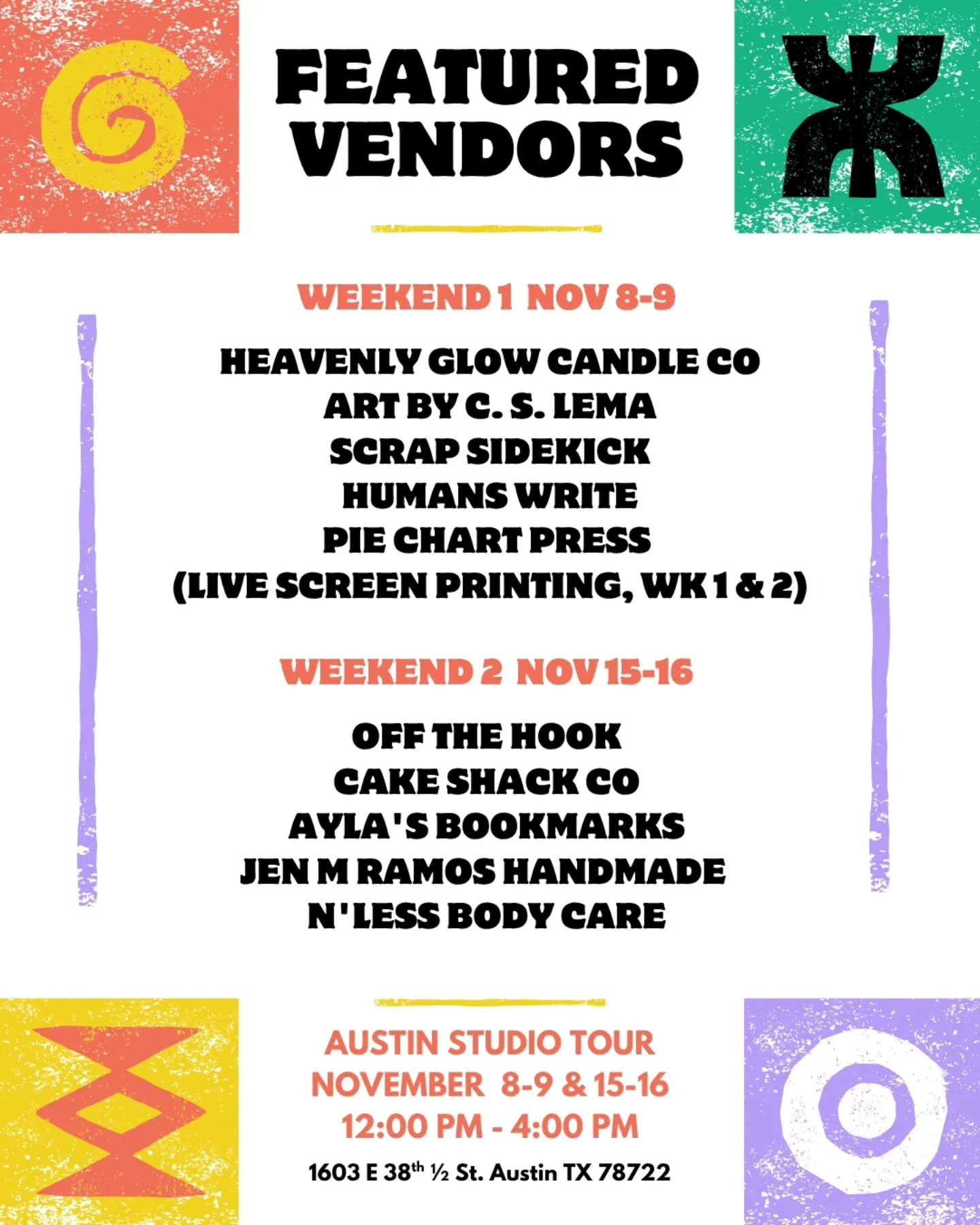 🌈Meet Our Vendors! 

Come support local artists and makers of all ages during our Community Art Show!

@camillsimonelema 
@humans.write 
@scrapsidekick 
@off_the_hook_atx
@nlessbody
@cakeshackco
@jenmramoshandmade
@piechartpress (Live Screenprinting