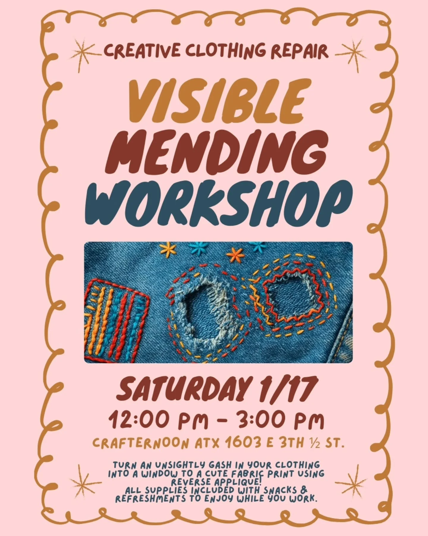 ✨️New year, new skill! Don't miss our first workshop of the year on Saturday, January 17th! 

Learn creative ways to mend your clothing with reverse appliqu&eacute;! This class is beginner friendly, though some hand stitch knowledge may be helpful. 

