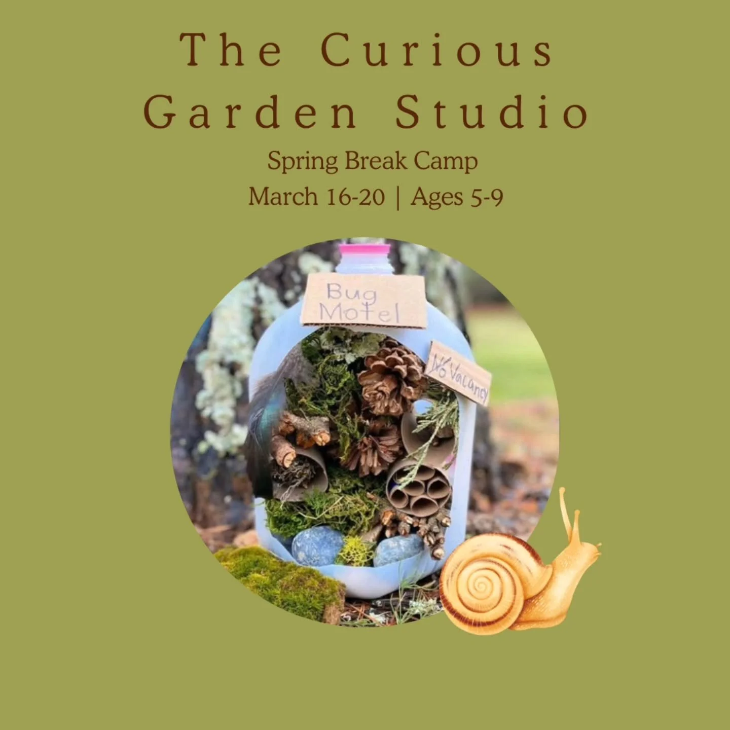 Spring Break Camp is now open! 
🦎🐝🐛🌼🐞🐜🌱🦋🐌

The Curious Garden Studio invites young artists ages 5-9 years old to explore the magical life of insects and plants! 

Campers will experiment, build, paint, cut, layer, and invent while learning t