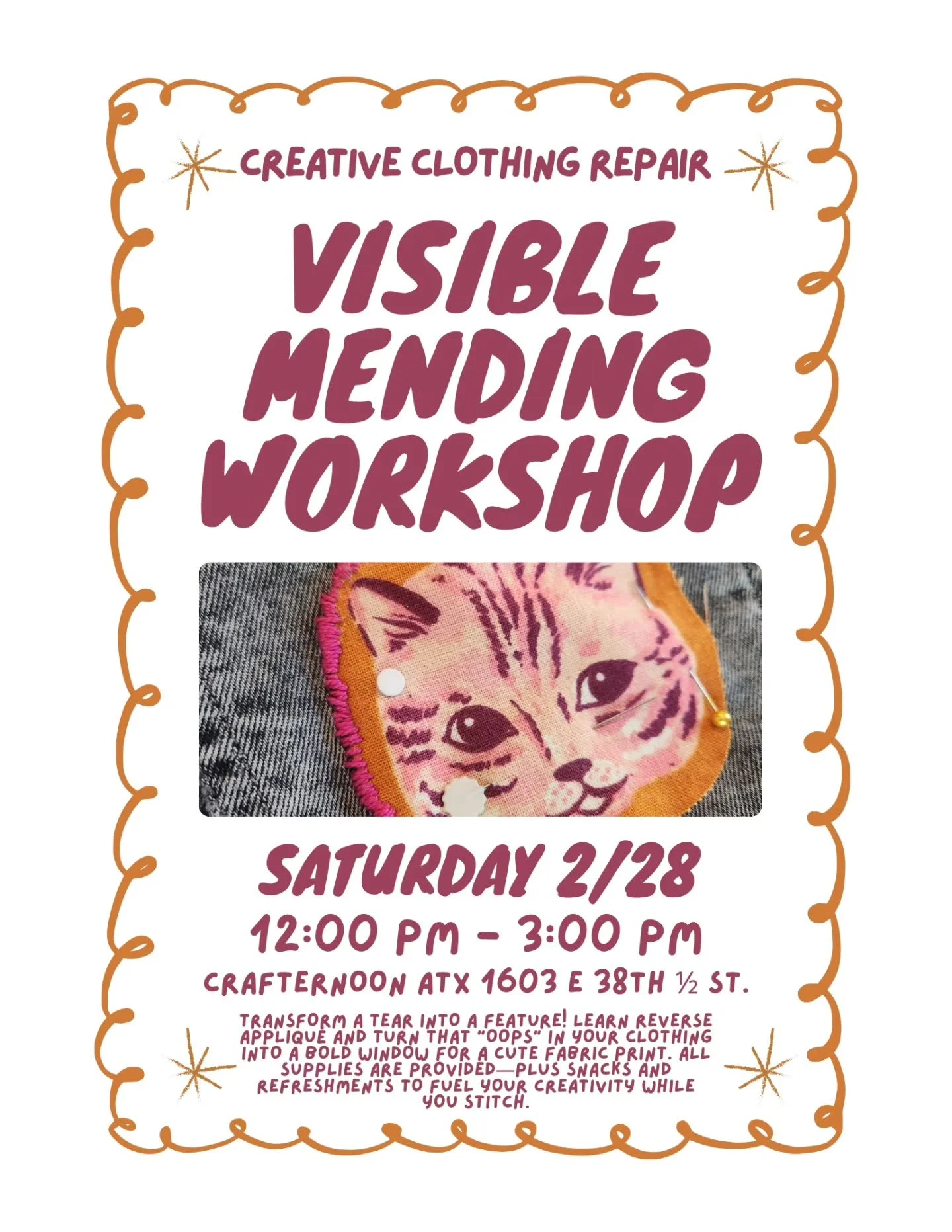 🧵🪡✨️ Visible Mending Workshop is back! 

Saturday, February 28th from 12pm-3pm

Transform a tear into a feature! In this hands-on workshop, you&rsquo;ll turn damaged clothing into a charming design feature using reverse appliqu&eacute;.

What you w