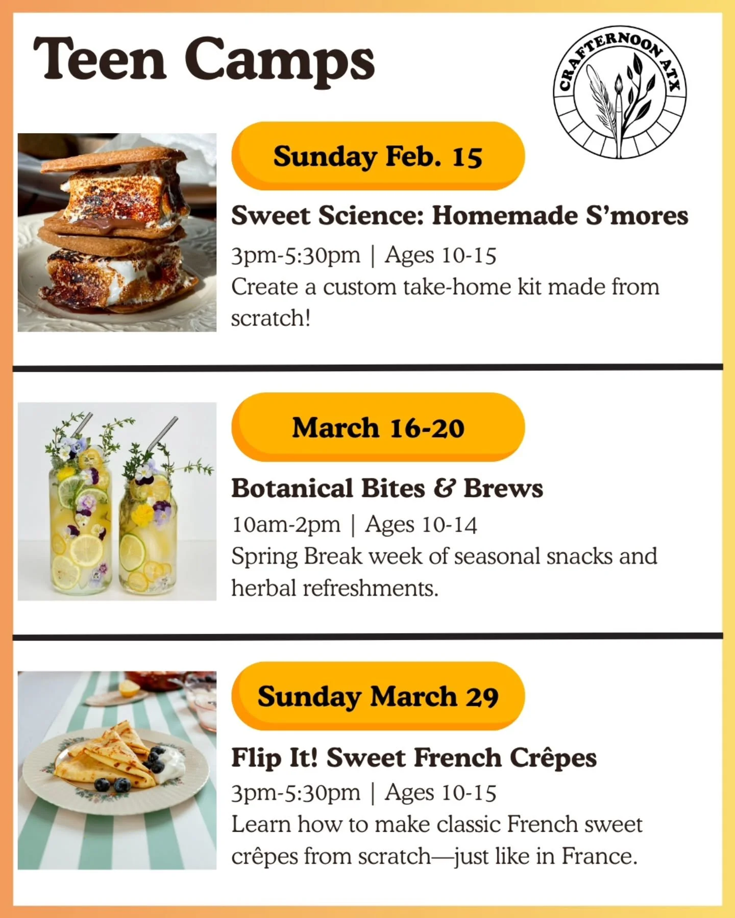 🍴 Tween &amp; Teen Camps Are Here! 

👩🏽&zwj;🍳 Sign up for a culinary adventure with us and our newest partnership @the.french.fold.atx !

These teen camps focus on hands-on learning through food. Campers explore cr&ecirc;pe making and handmade s'