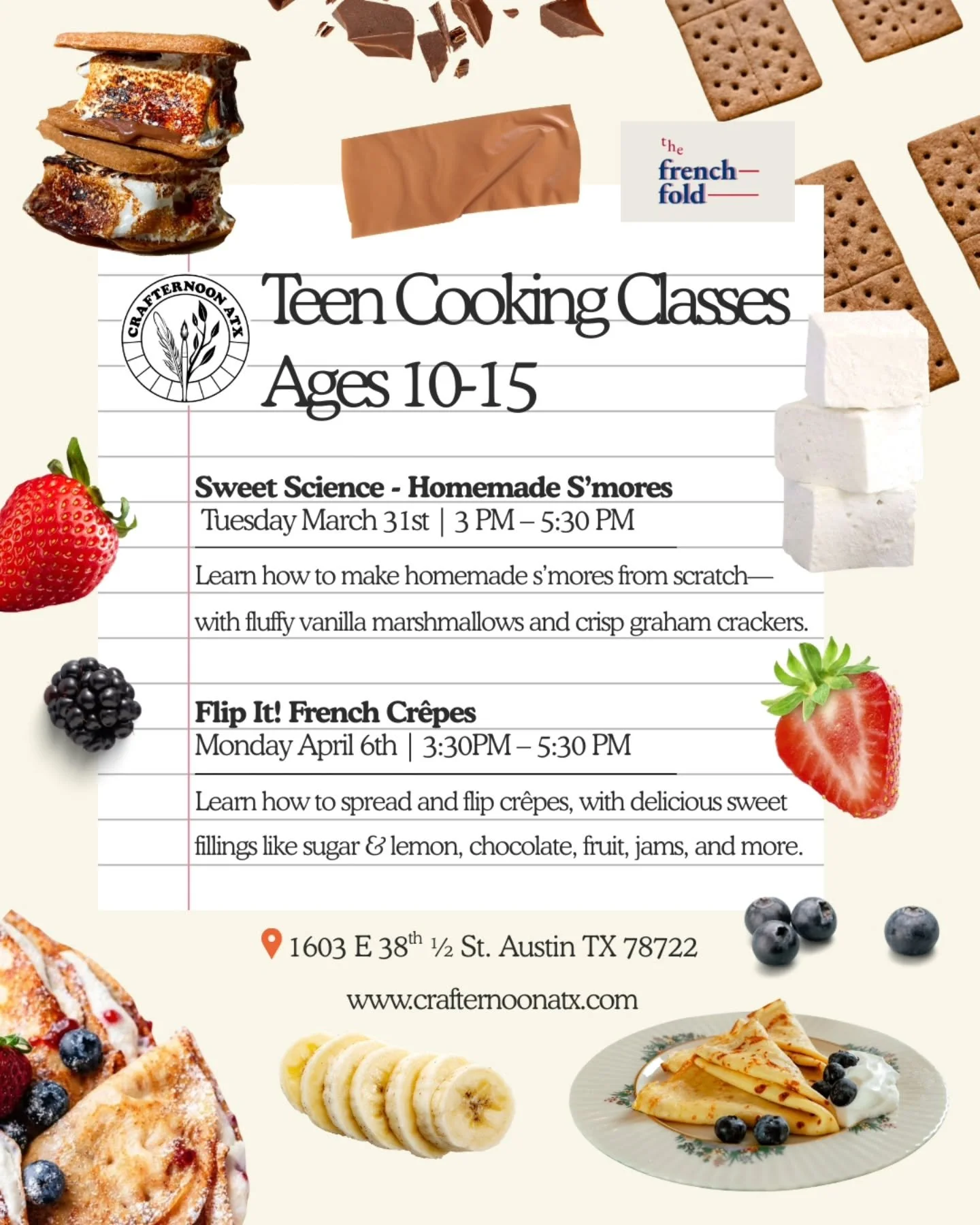 🍳Teen Cooking Classes with @the.french.fold.atx 

Spend a school day off making these delicious recipes from scratch! Our studio will transform into a kitchen for guided classes with our friend Stephanie- owner and operator of the French Fold. 

👨&