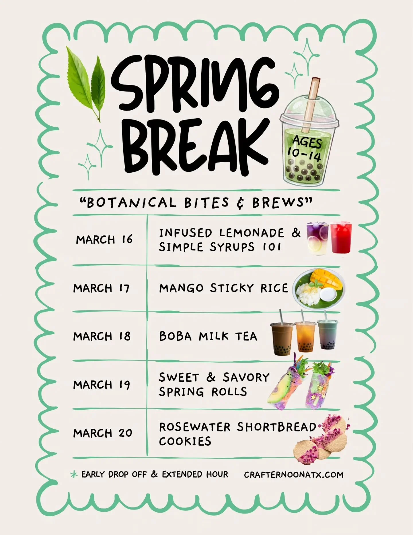 Spring Break for Tweens &amp; Teens 👩🏽&zwj;🍳👨🏼&zwj;🍳🧑🏾&zwj;🍳

"Botanical Bites &amp; Brews"
March 16-20
10am-2pm
Early Drop Off option begins at 9am 
Extended Hour option runs until 3pm

🌞 Join us for our very first week of camp f