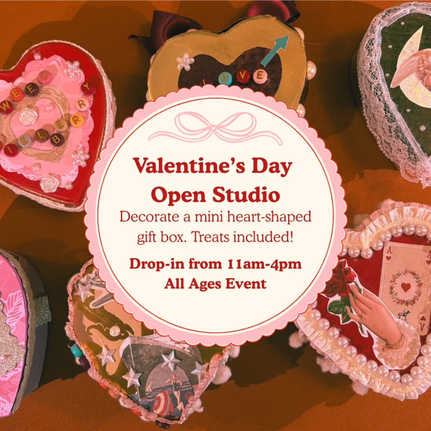 Join Us Valentine's Day For An Open Studio Craft! 
💘

🎁Looking for something fun to do this Saturday? Drop in from 11am-4pm and decorate a mini, heart shaped gift box! 

🍬All supplies and treats included.

$15 per person
All Ages Event
All childre