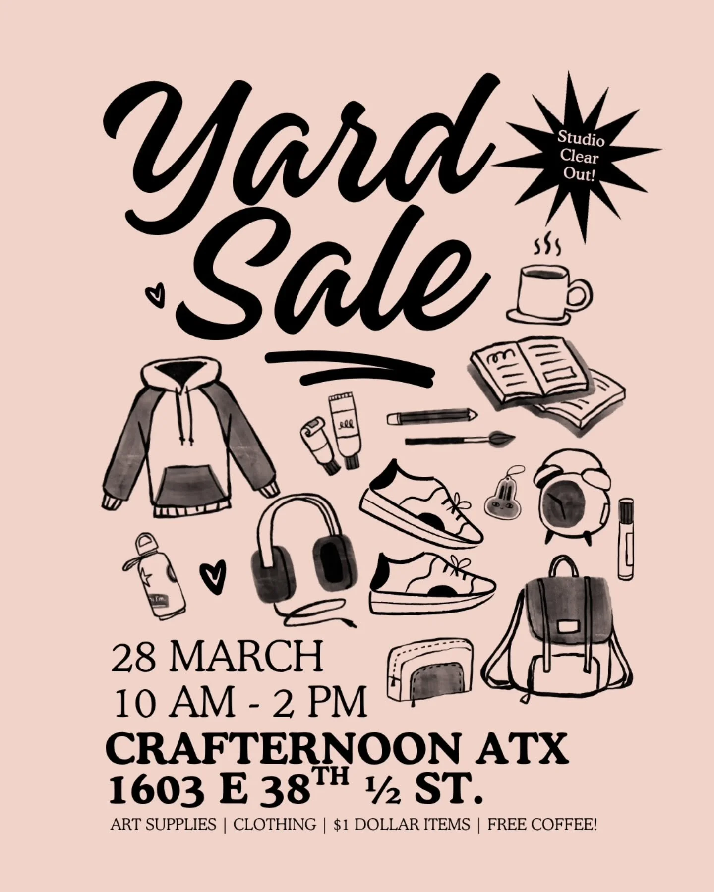 We are having a Spring cleaning sale! 🧹✨️

🌼Swing by our place on Saturday March 28th from 10am-2pm for a huge selection of art supplies, clothings, accessories,  home decor, office supplies, electronics y m&aacute;s!

☕️ Free hot or iced coffee wh