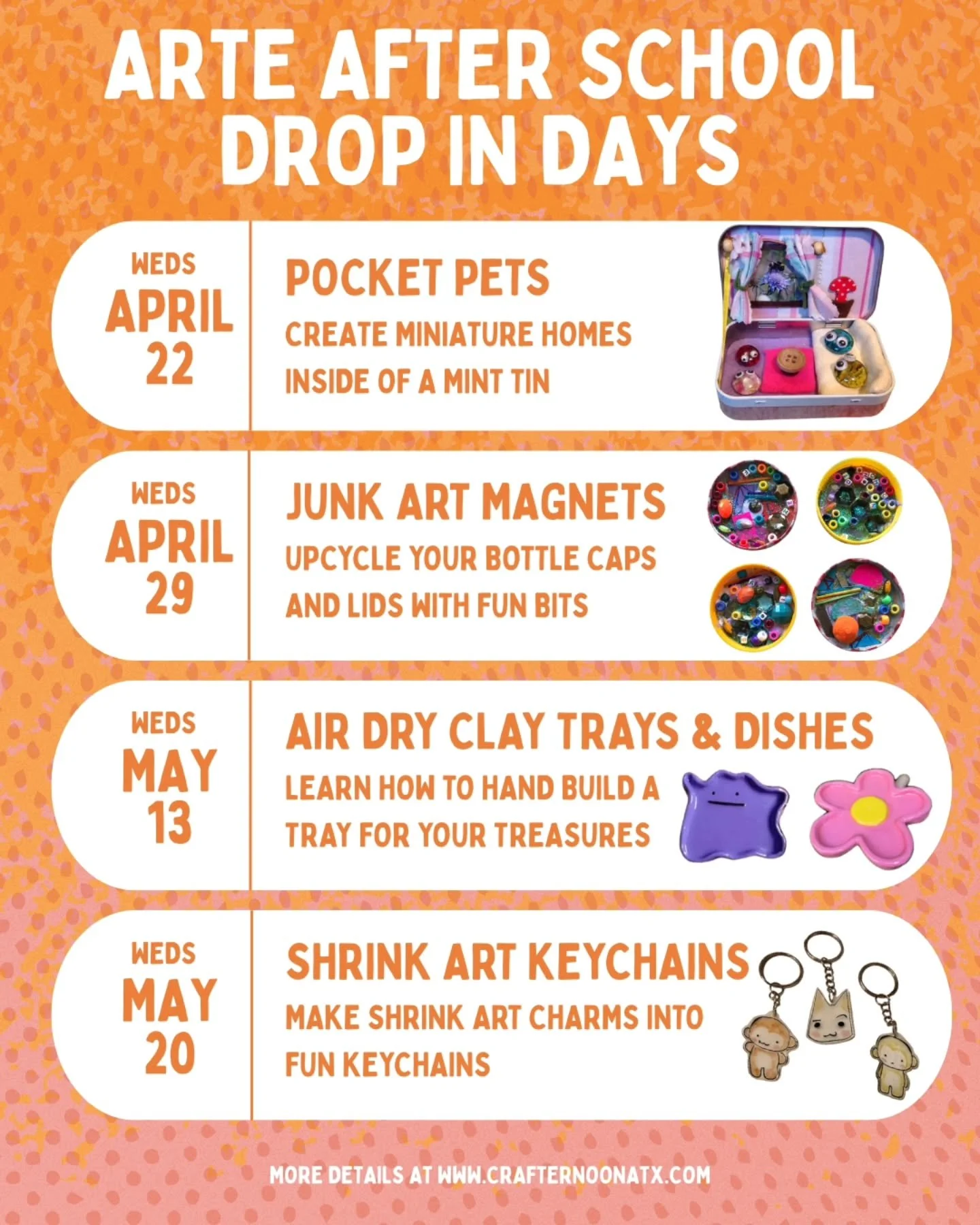 Drop In For After School Art! 
*Bilingual English &amp; Spanish 

🎨 Come craft with us on Wednesdays! 
3:30pm-6pm
Ages 5-9
$38 per child 

Details on our website! 
🔗Link in bio