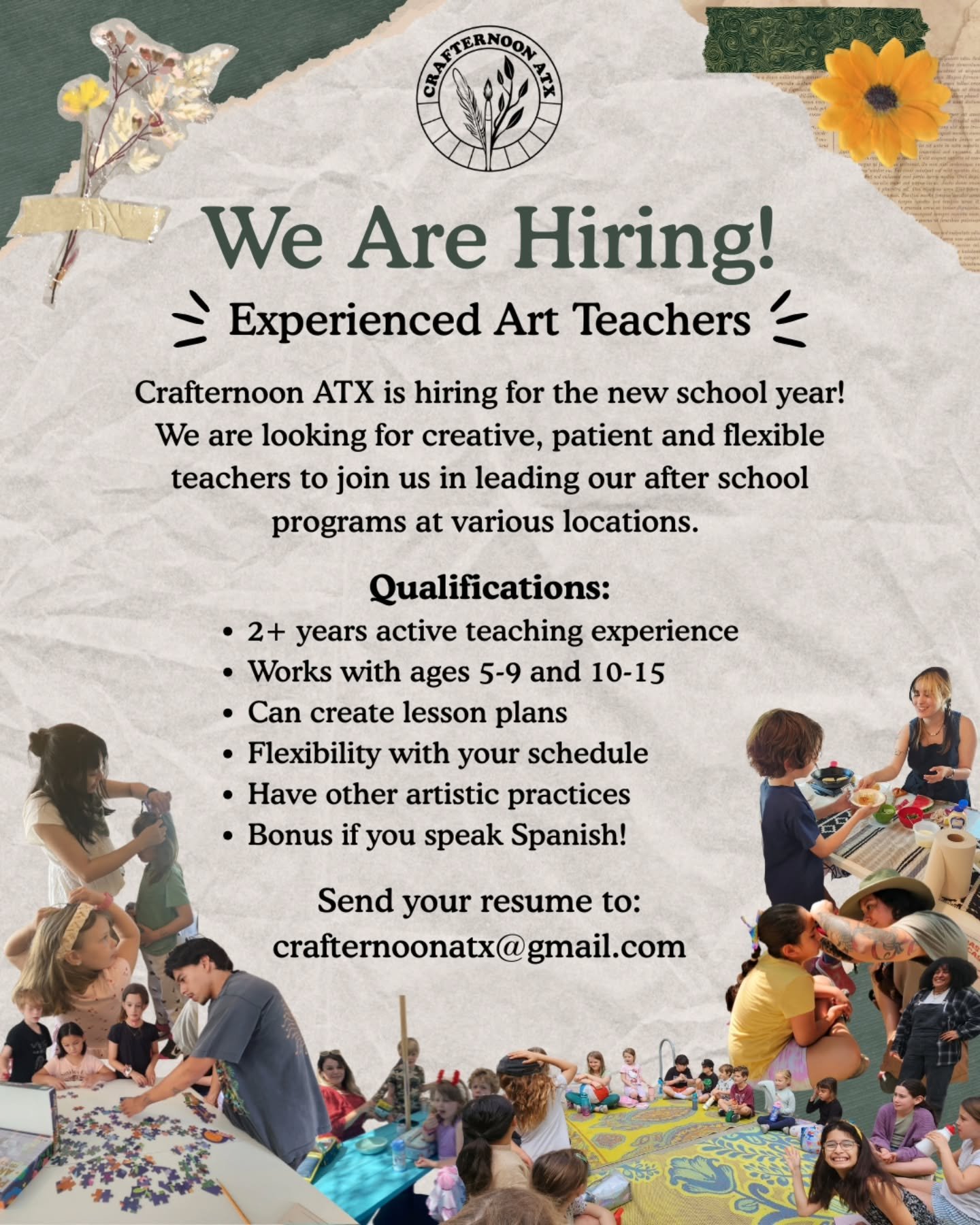 UPDATE:

🌟 We're hiring for the new school year!

After school programming begins August 18th 2026. Hours are from 2:30pm-5:30pm Monday-Friday with paid lesson planning time.

🌼 Looking for experienced art teachers to join our team! Crafternoon ATX
