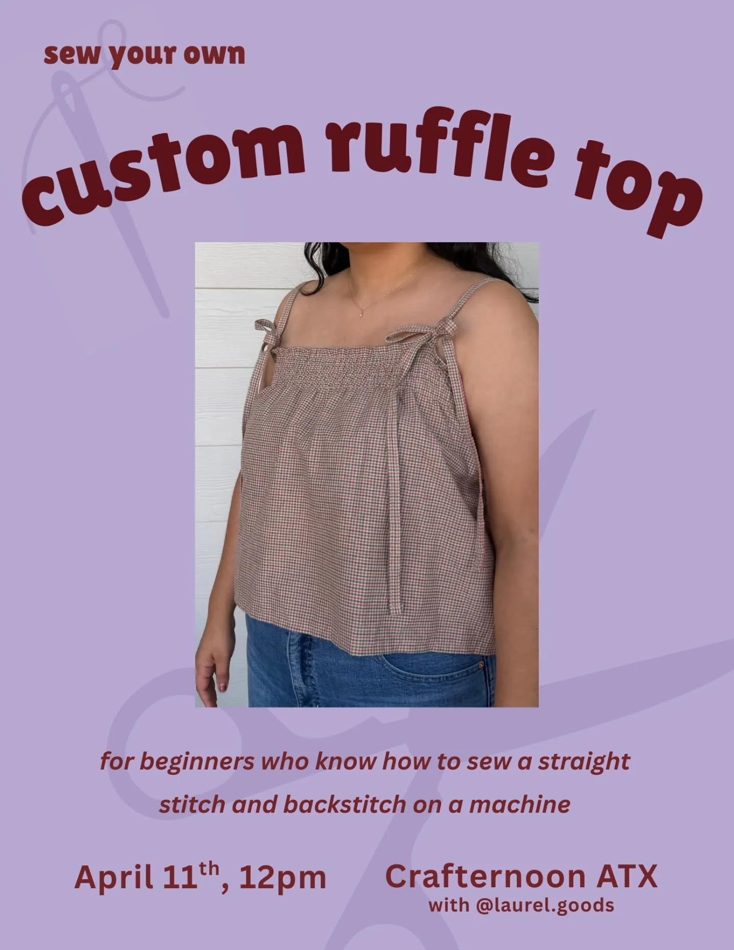 Sew Your Own Ruffle Top!🪡🧵🌟

💛 Learn with local artist Cassandra of @laurel.goods !

We are back with more sewing workshops!
In this step-by-step guided class,  you'll learn how to create a custom garment with unique features. All materials provi