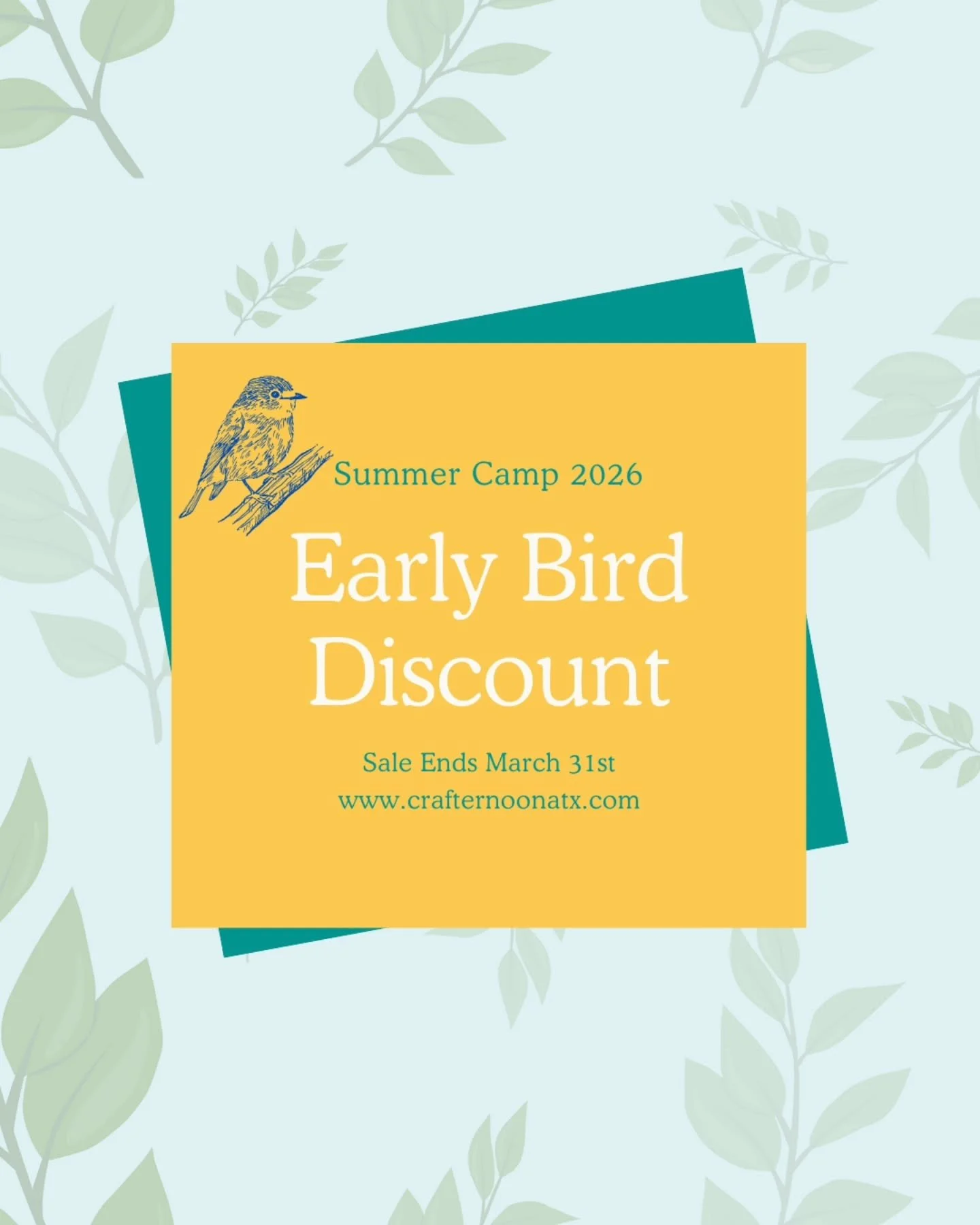 ‼️ Don't Miss This Limited Offer‼️

🐦Get the Early Bird Discount for deals on our summer camps for ages 5-9 &amp; 10-14 until March 31st. 

🌟 $300/week
🌟 $70/drop-in
🌟 Early Drop Off 
🌟 Extended Day 
🌟 Sibling Discounts
🌟 Payment Plans

Visit 