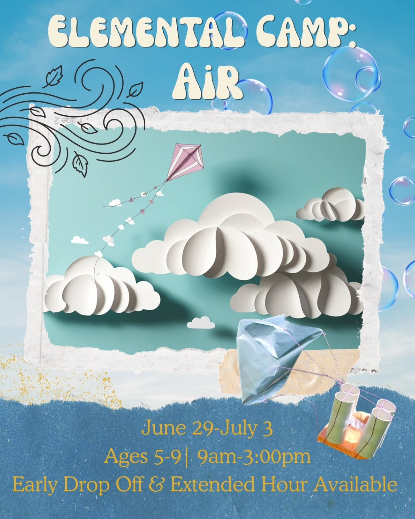 🪁Summer Camp Highlight! 

Elemental Camp: Air 🌬
June 29- July 3
Ages 5-9

Through movement, art, and hands-on play, campers discover how air works by watching it make things bubble, spin, soar, and swirl. From giant bubbles to building parachutes, 