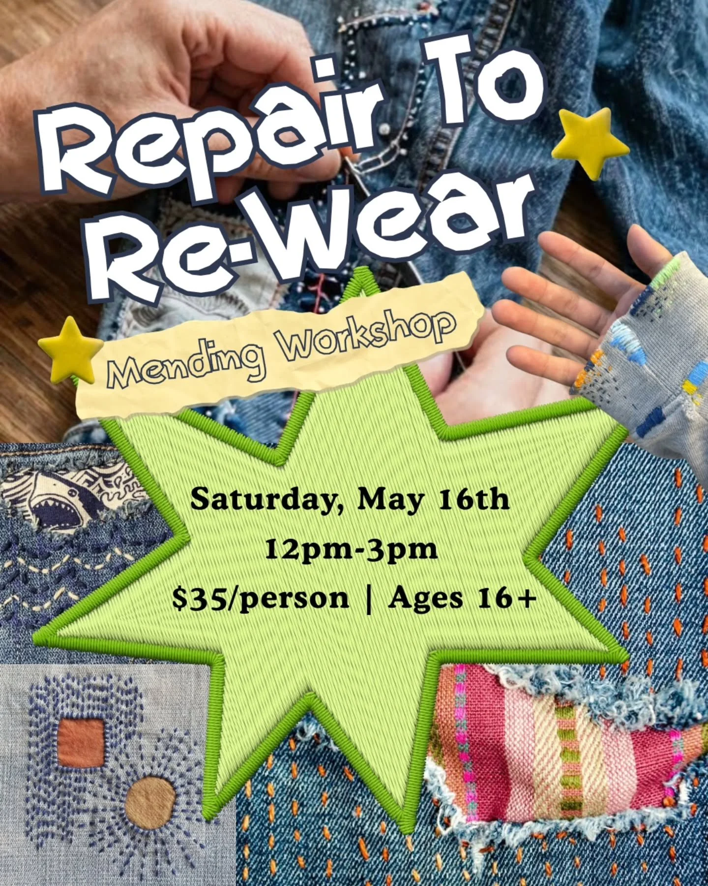 🪡Repair To Re-Wear 
A Mending Workshop! 

🗓 Saturday, May 16th
🕛 12pm-3pm
🎟 $35/person
📍Crafternoon ATX 1603 E 38th 1/2 St.
✌🏼 Ages 16+

👕 Do you have a garment in need of simple repair? Maybe a missing button, patch, hem adjustment or simple 