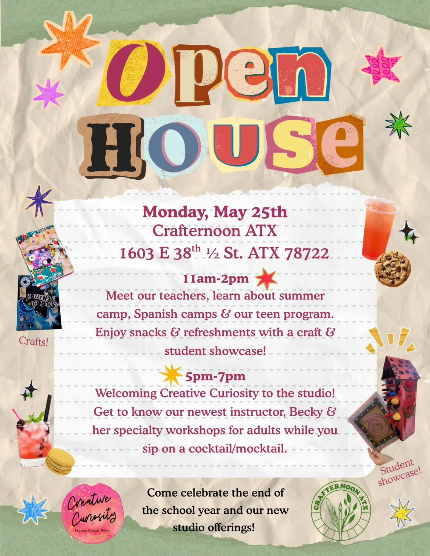 Open House Party! 🥳

✨️Join us for an end of the school year celebration and expansion of our program with our new studio mate, Becky Liendo of Creative Curiosity!

🗓 Monday, May 25th 
🕛 2 Event Times
Free Event for All Ages!

🧒🏽👧🏼 Kid-Friendl