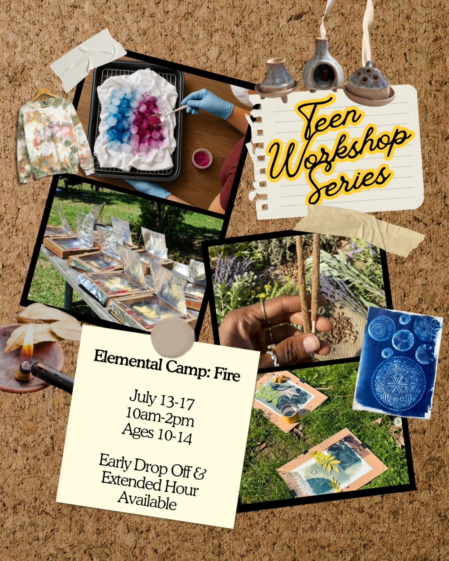 Teen Elemental Camp: Fire 🔥

July 13-17
10am-2pm

🌞 Harness the power of the sun! This camp week offers a new project each day using light and heat. From cyano type printing and solar ovens to ice dye techniques and more! 

Space is limited for thi