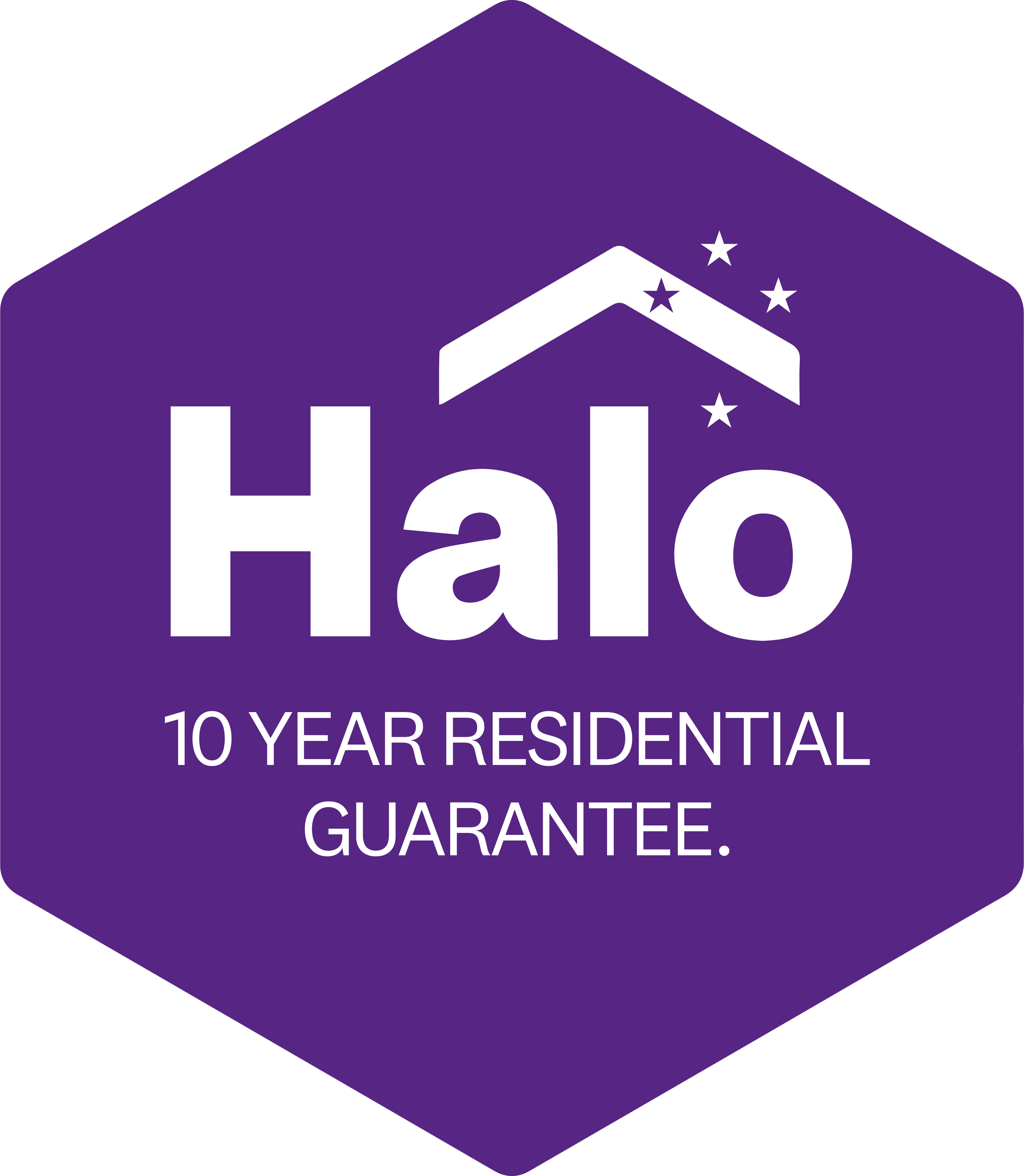 Purple badge with white text that reads 'Halo 10 Year Residual Guarantee' and includes a house icon with stars around the roof.