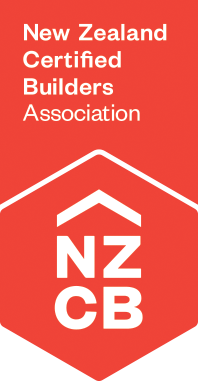 Red vertical banner for New Zealand Certified Builders Association with white text and logo.