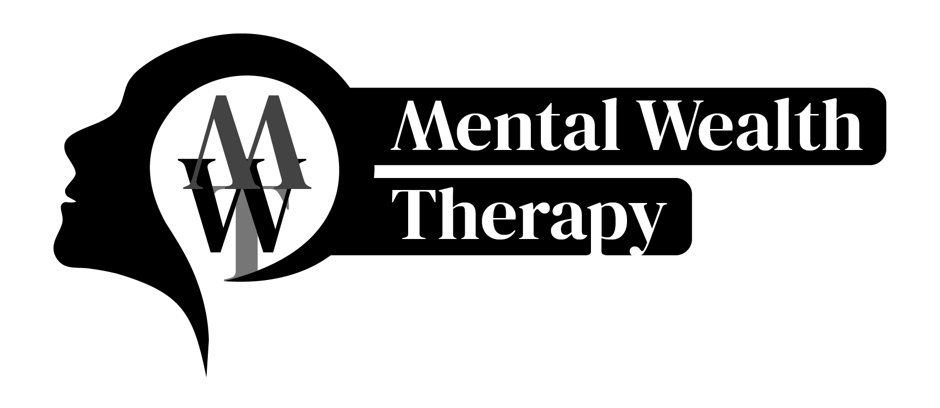 Logo for Mental Wealth Therapy featuring a stylized black letter M with a downward arrow, and the text 'Mental Wealth Therapy' in white.