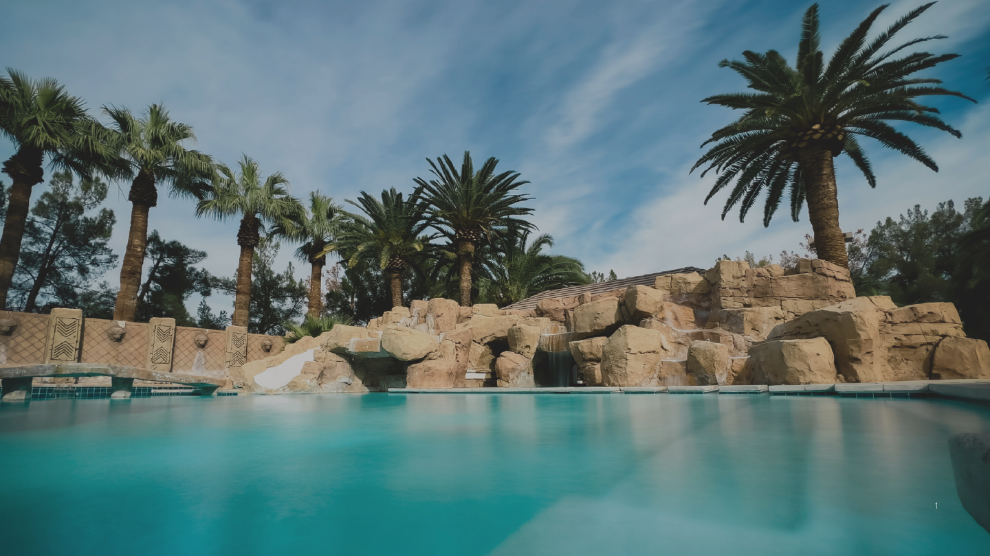 Explore Tiger Mansion LV’s private resort-style pool, framed by stone waterfalls and towering palms, offering a dramatic Las Vegas backdrop for luxury events and retreats.