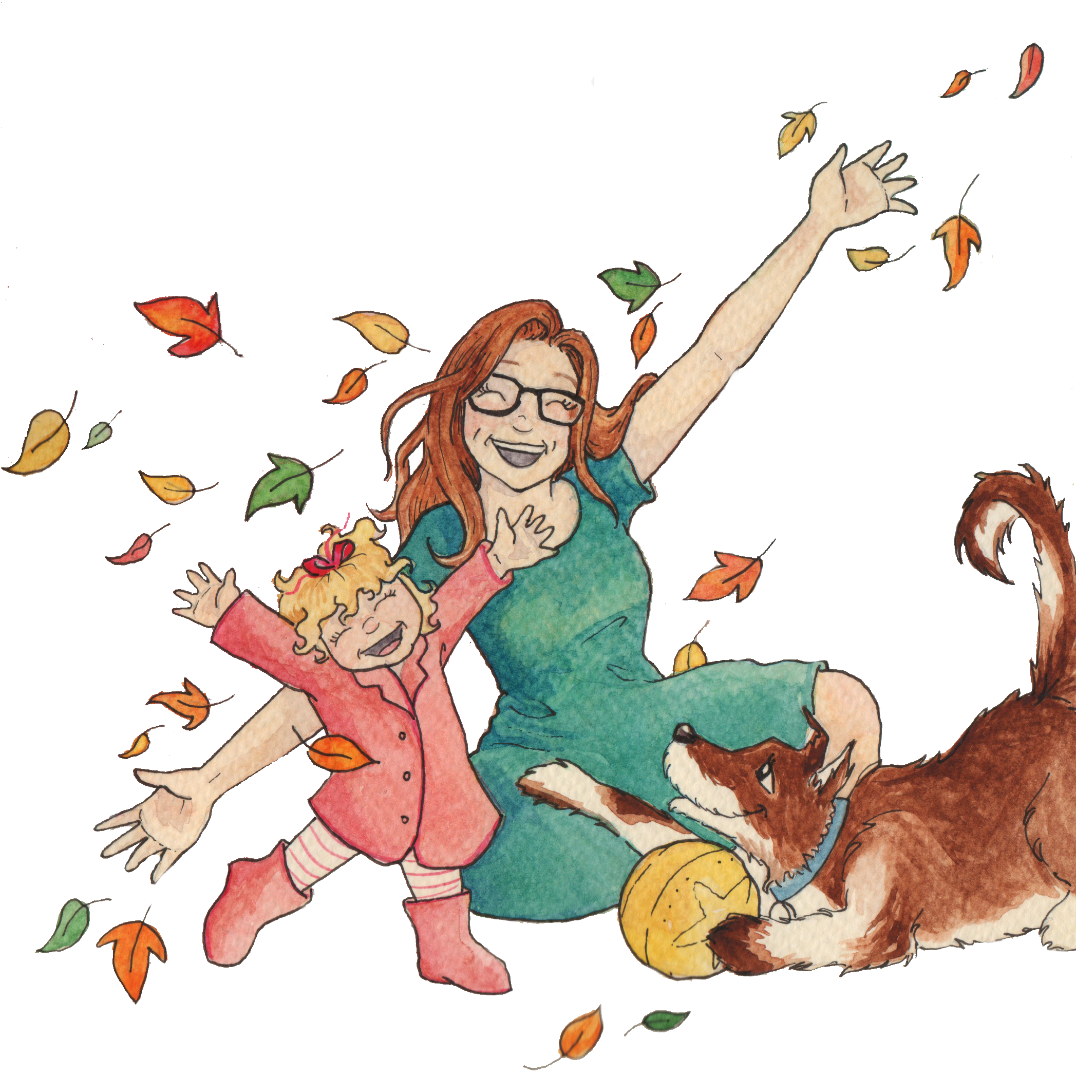 Illustration of a woman with glasses and a child playing with a dog, surrounded by falling autumn leaves. The woman wears a green dress, while the child is dressed in pink. The dog has a ball.