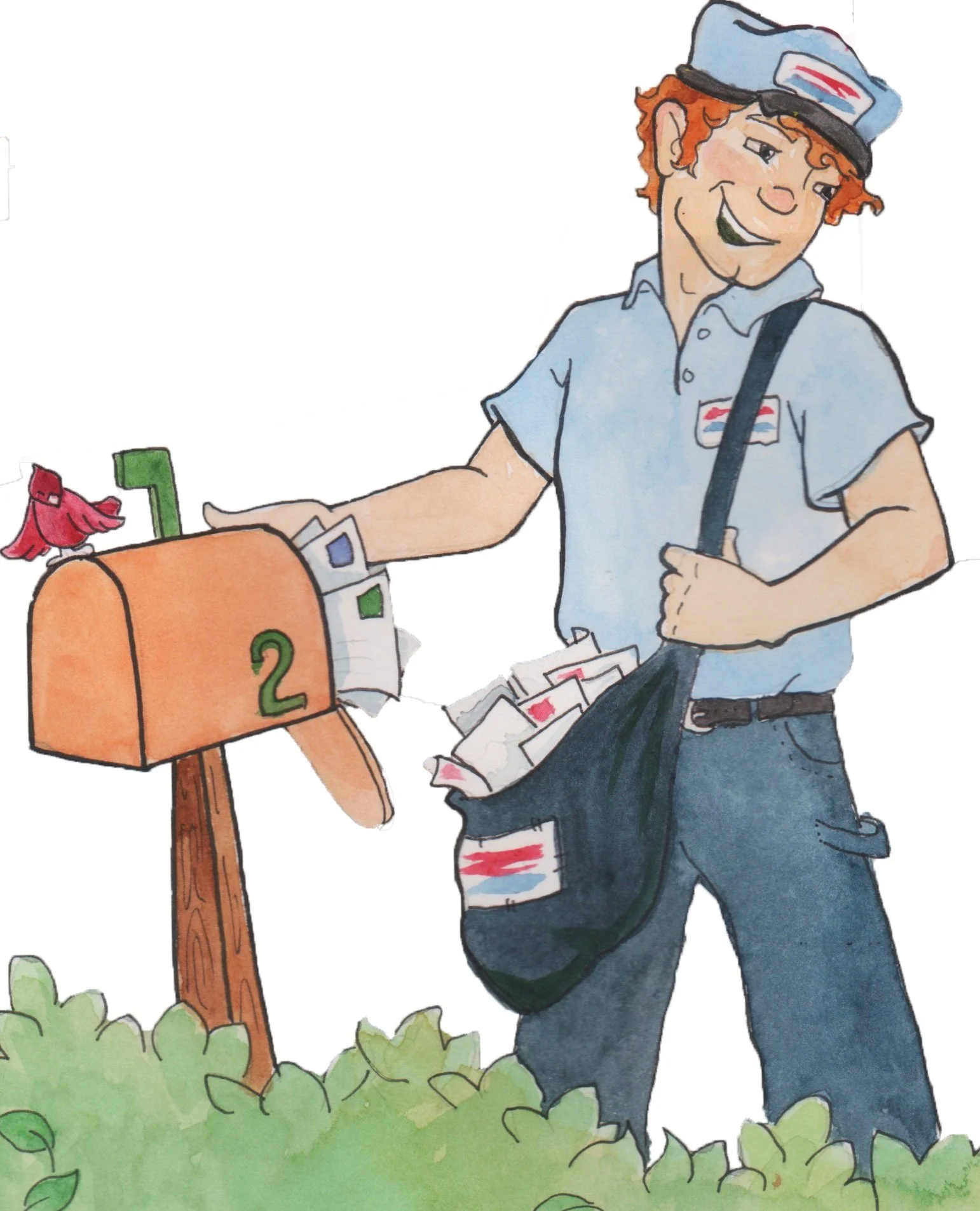Illustration of a smiling mail carrier with a cap, delivering mail from a full bag to an orange mailbox with a number 2, while a red bird sits on top. Bushes are visible at the bottom.