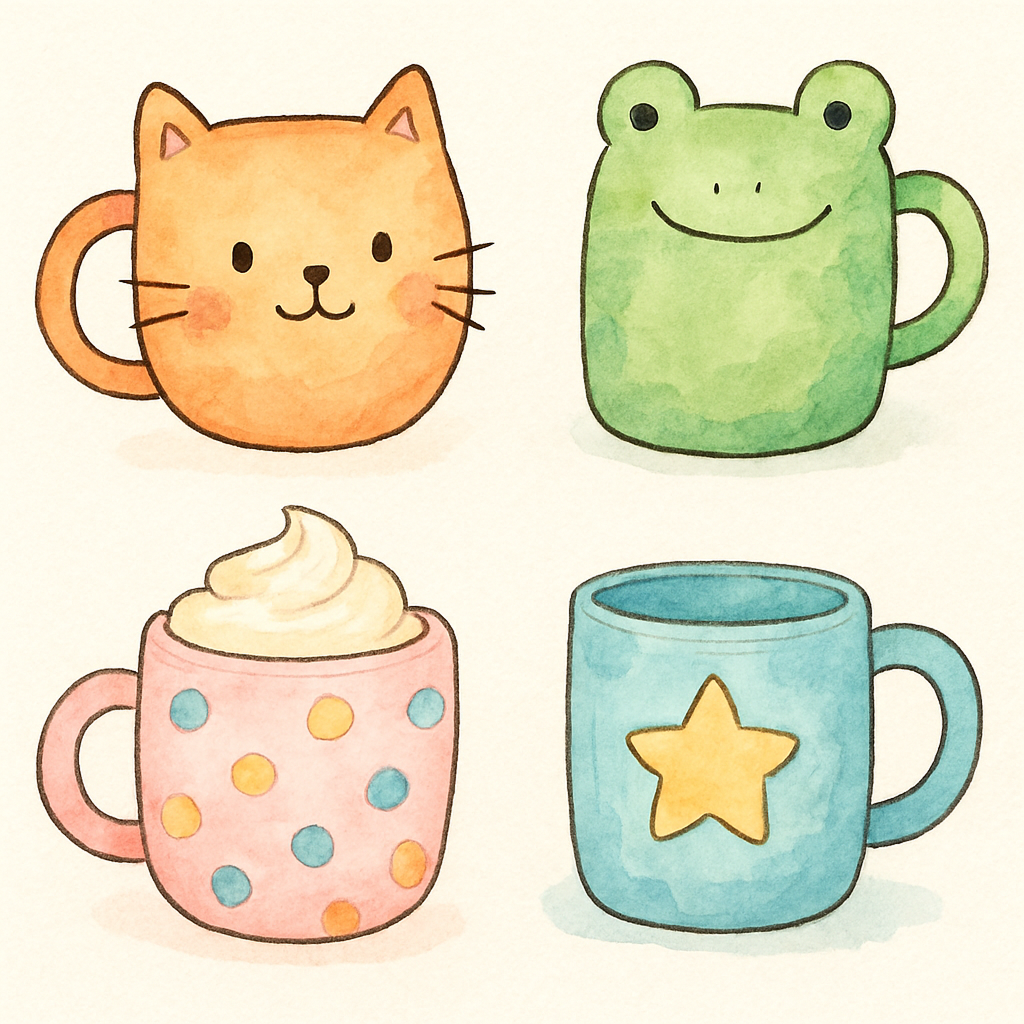 Illustration of four cute mugs: one shaped like an orange cat, another like a green frog, a pink one with colorful polka dots and whipped cream, and a blue mug with a yellow star.