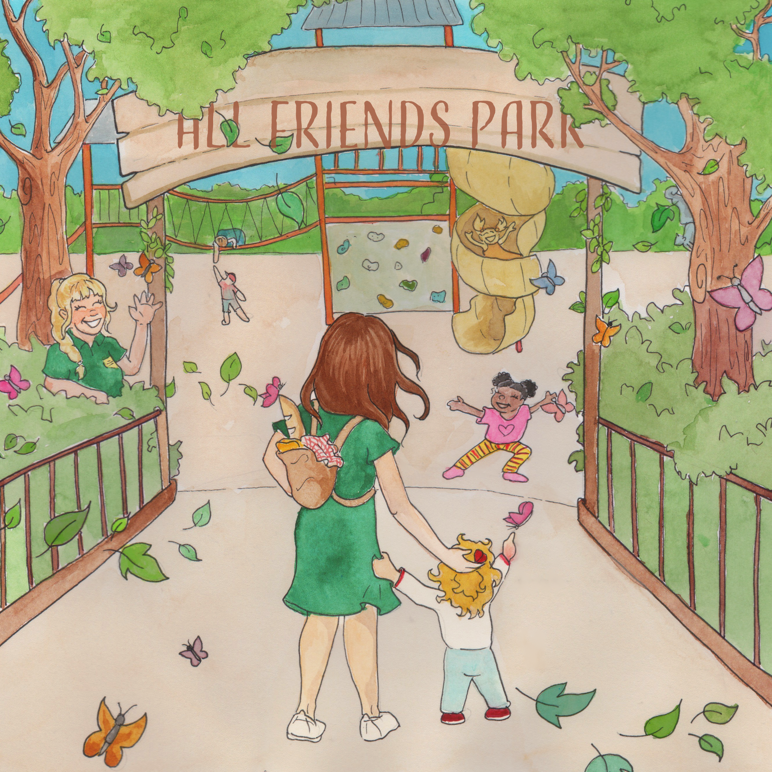 Illustration of a woman holding a child's hand entering a park with a sign reading 'All Friends Park.' Other children are playing, surrounded by trees, butterflies, and leaves. A person waves from the side, and playground equipment is visible in the background.