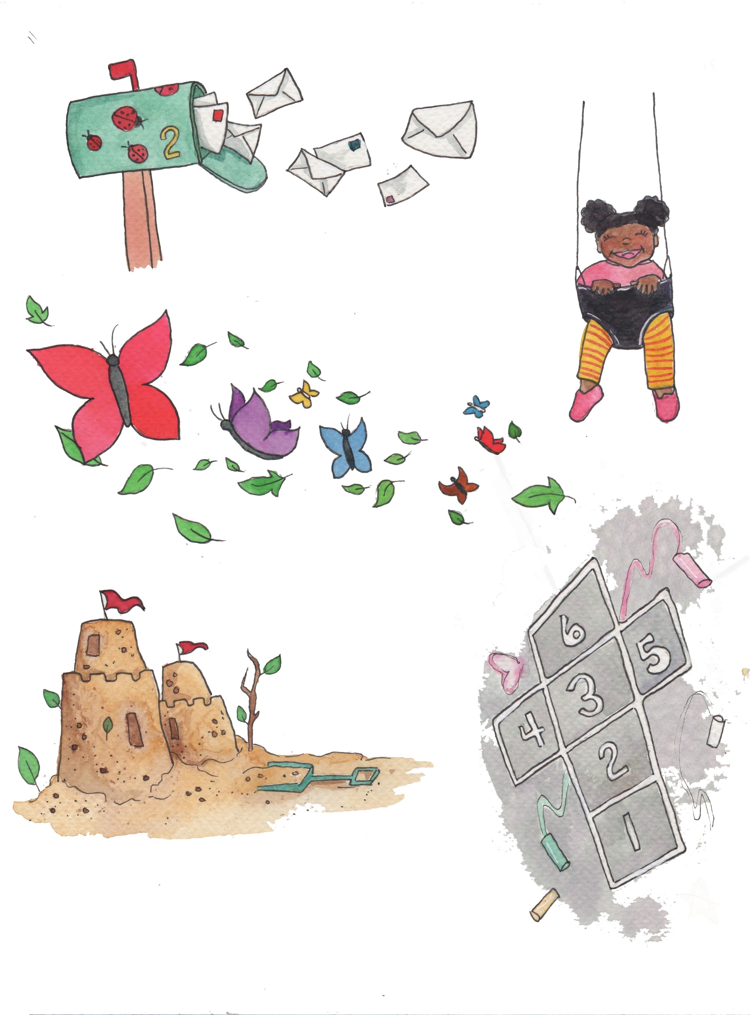 Illustration featuring a green mailbox with letters, a child on a swing, colorful butterflies with leaves, a sandcastle with flags, and a hopscotch game drawn with chalk.